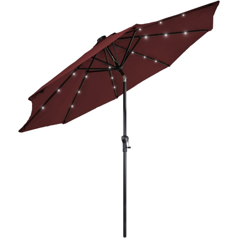 9ft Solar Lighted Outdoor Patio Market Umbrella with Hand Crank and Tilt  Burgundy