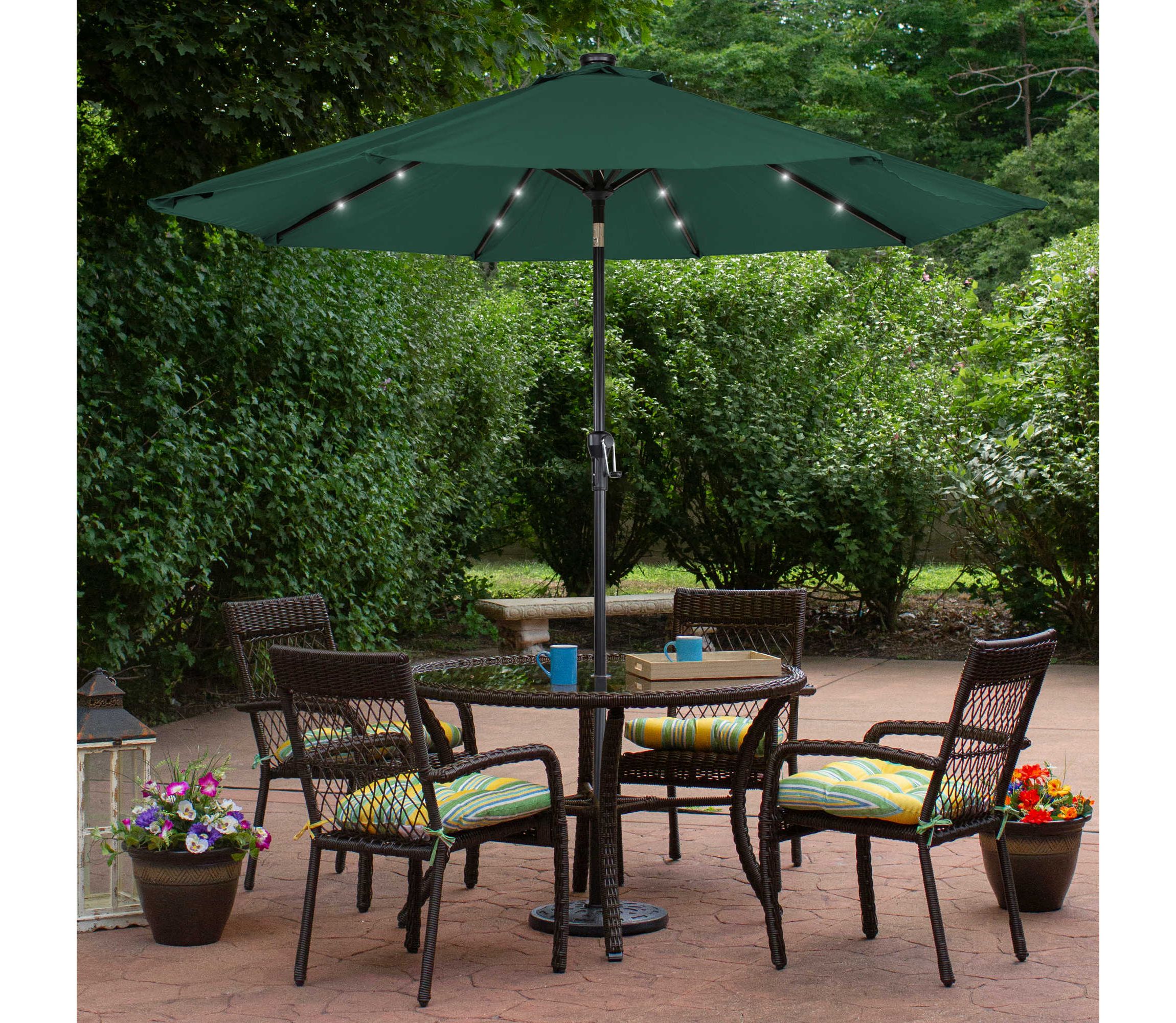 9ft Solar Lighted Outdoor Patio Market Umbrella with Hand Crank and Tilt  Hunter Green
