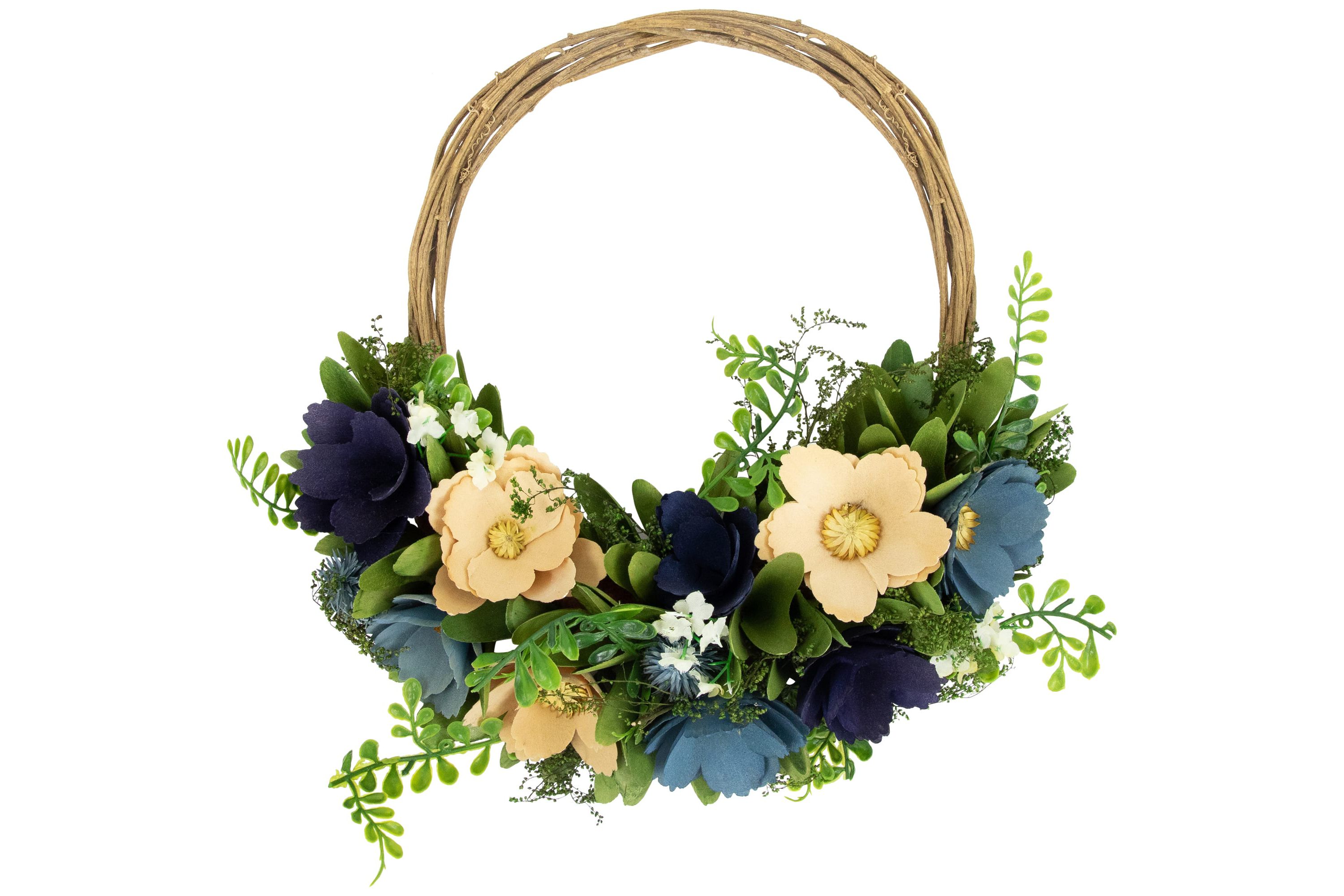 12" Blue and Tan Poppy Floral Wooden Spring Basket Wreath