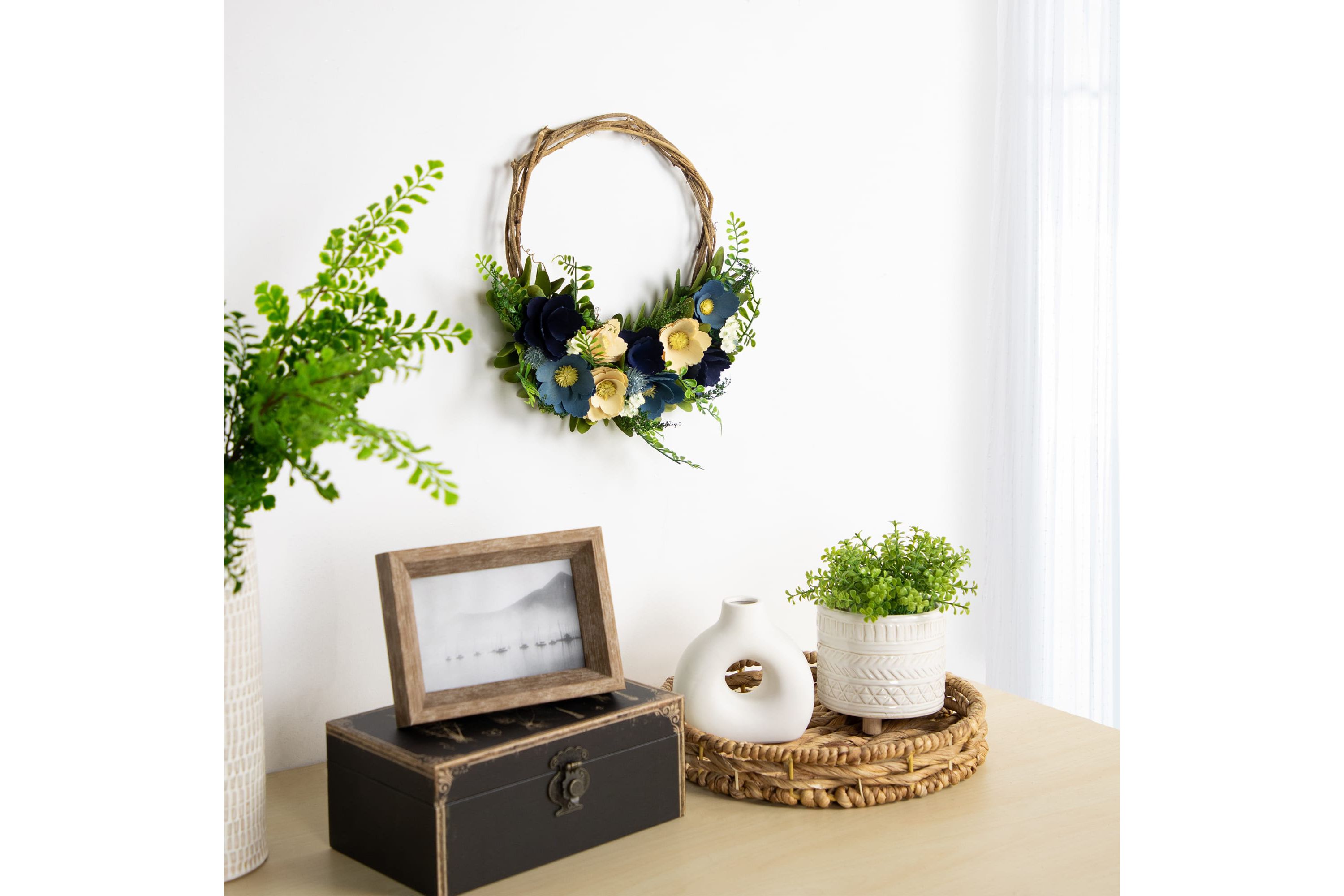 12" Blue and Tan Poppy Floral Wooden Spring Basket Wreath