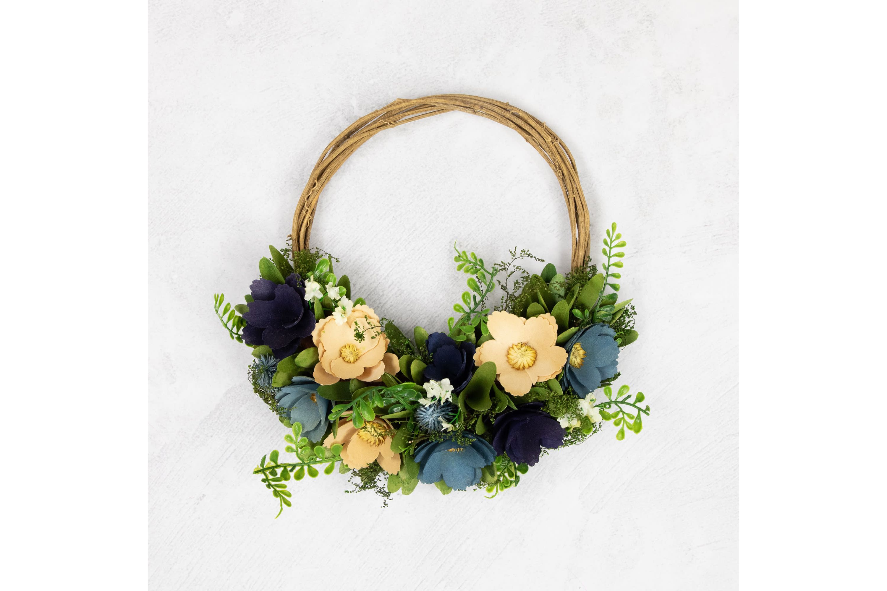 12" Blue and Tan Poppy Floral Wooden Spring Basket Wreath