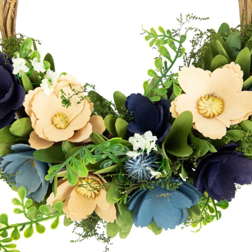 12" Blue and Tan Poppy Floral Wooden Spring Basket Wreath