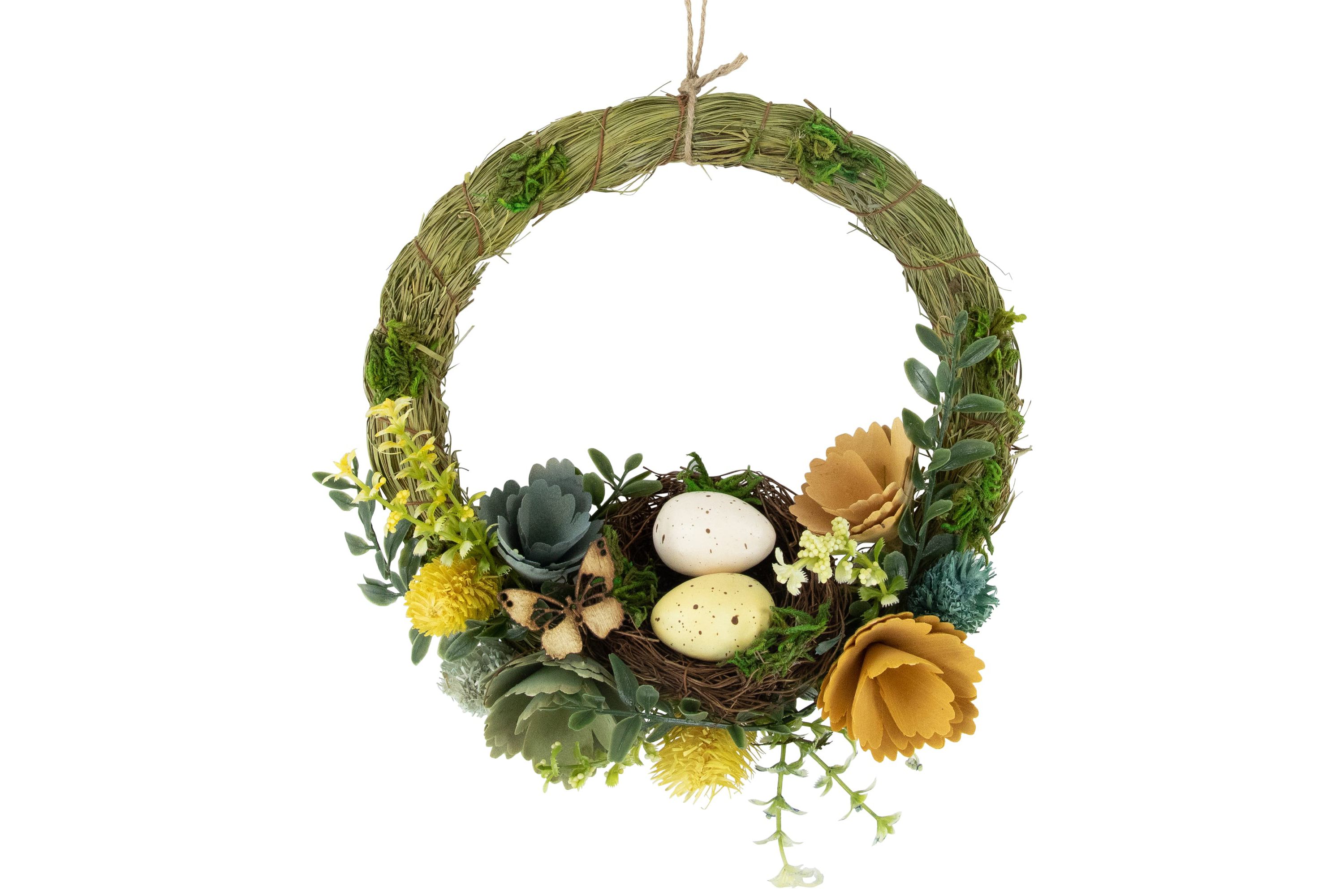 9" Easter Egg and Bird Nest Wreath with Wooden Flowers