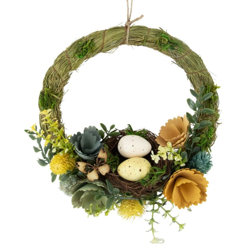 9" Easter Egg and Bird Nest Wreath with Wooden Flowers