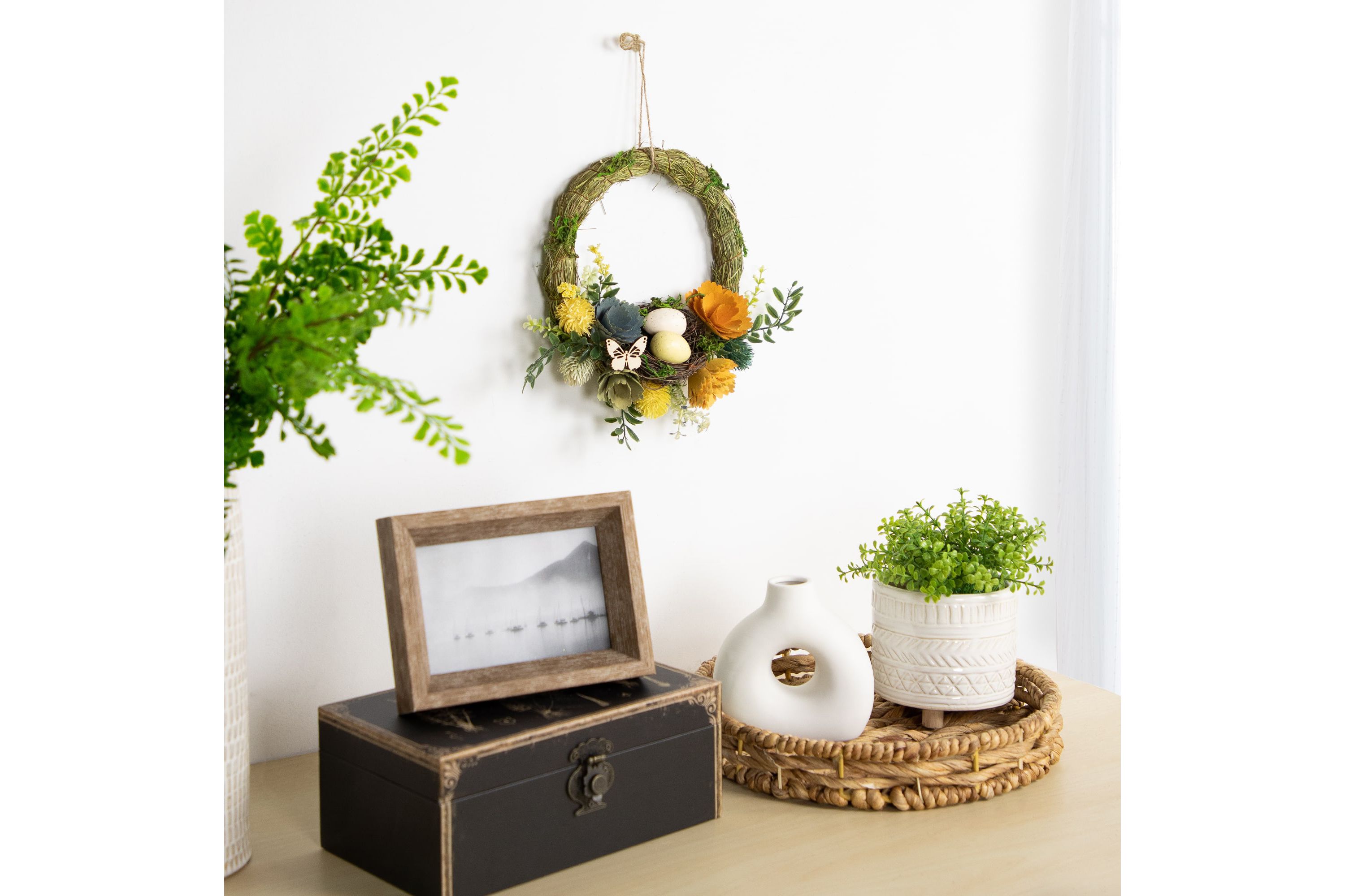 9" Easter Egg and Bird Nest Wreath with Wooden Flowers
