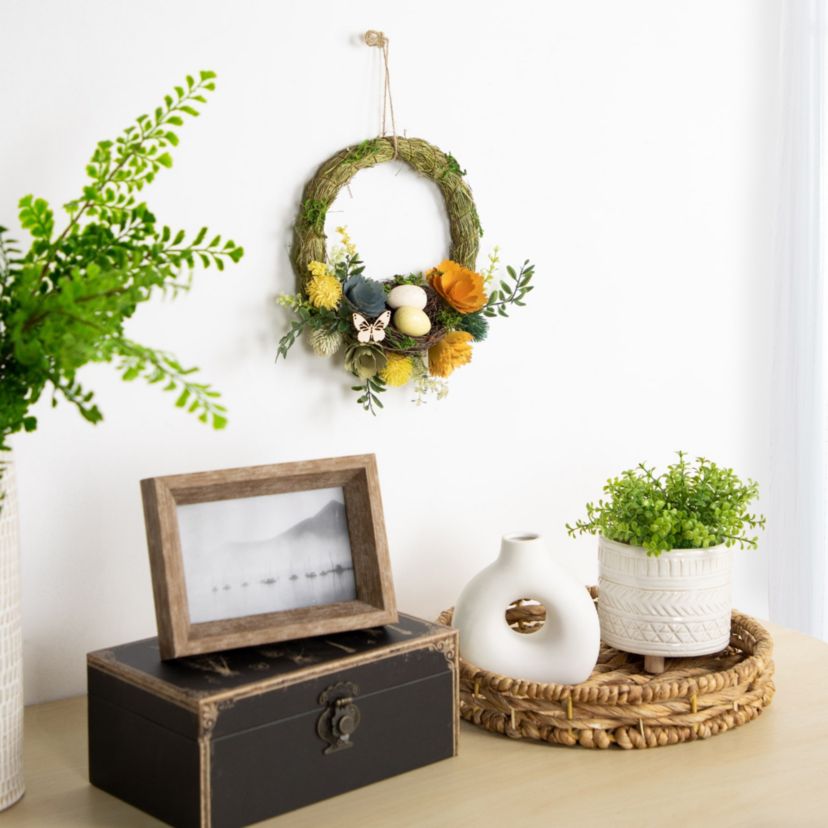 9" Easter Egg and Bird Nest Wreath with Wooden Flowers
