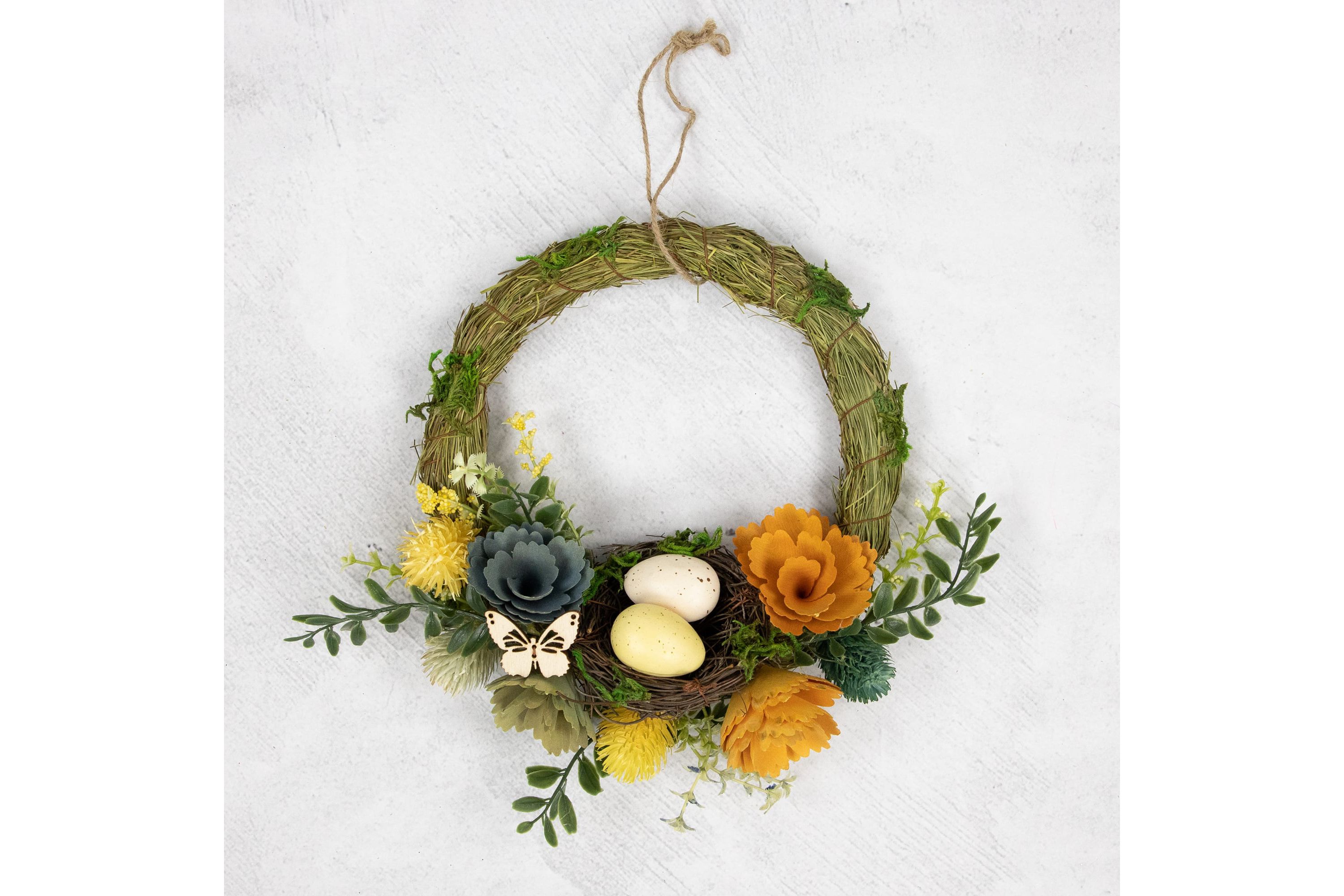 9" Easter Egg and Bird Nest Wreath with Wooden Flowers