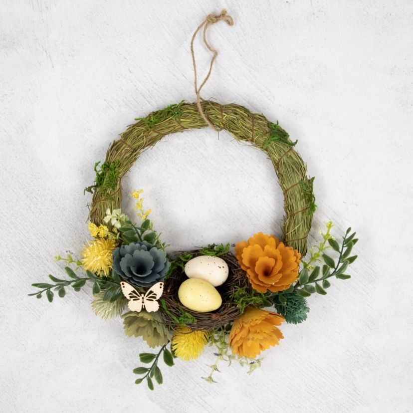 9" Easter Egg and Bird Nest Wreath with Wooden Flowers