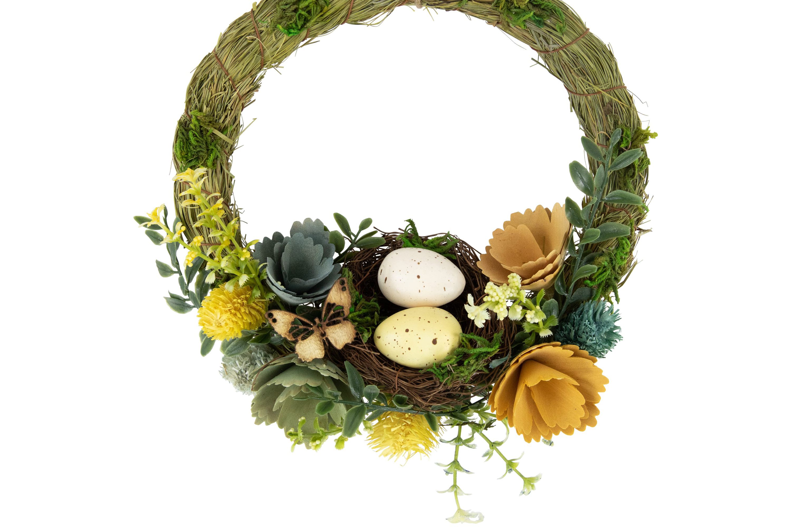 9" Easter Egg and Bird Nest Wreath with Wooden Flowers
