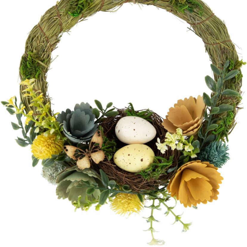 9" Easter Egg and Bird Nest Wreath with Wooden Flowers