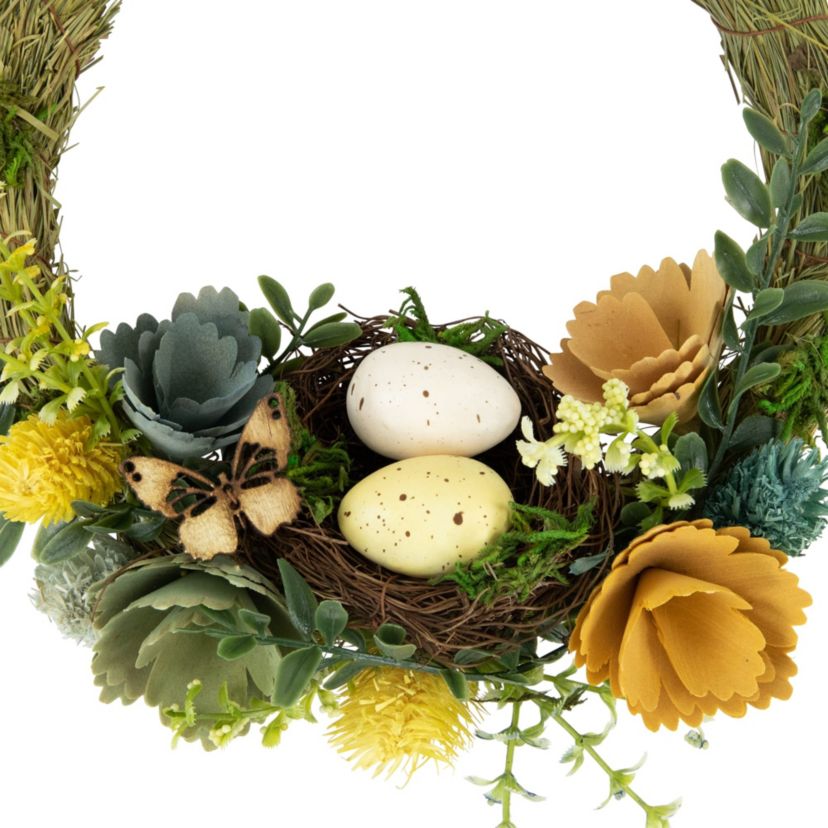 9" Easter Egg and Bird Nest Wreath with Wooden Flowers