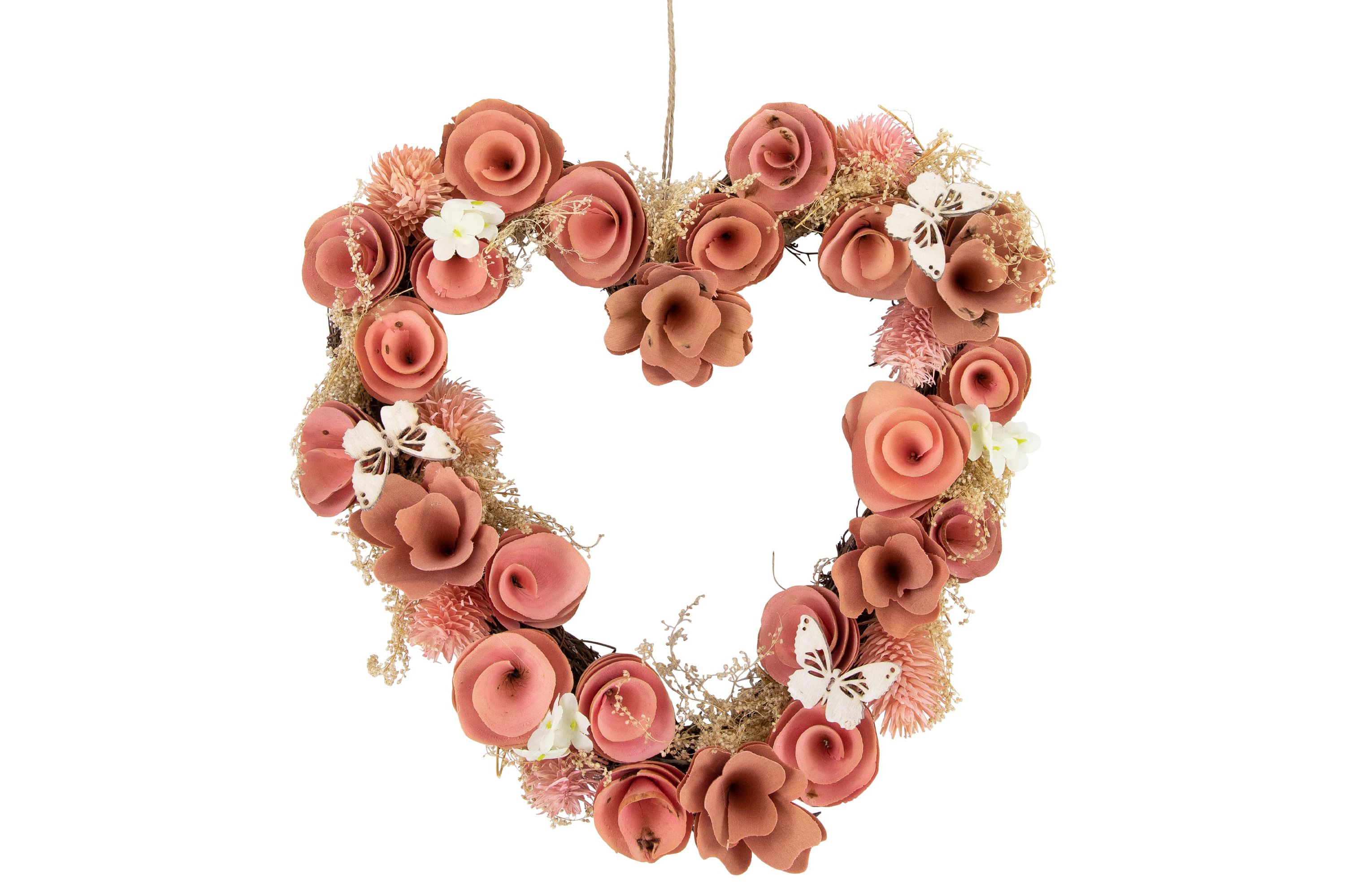 10" Pink Wooden Rose Heart Spring Wreath with Butterflies