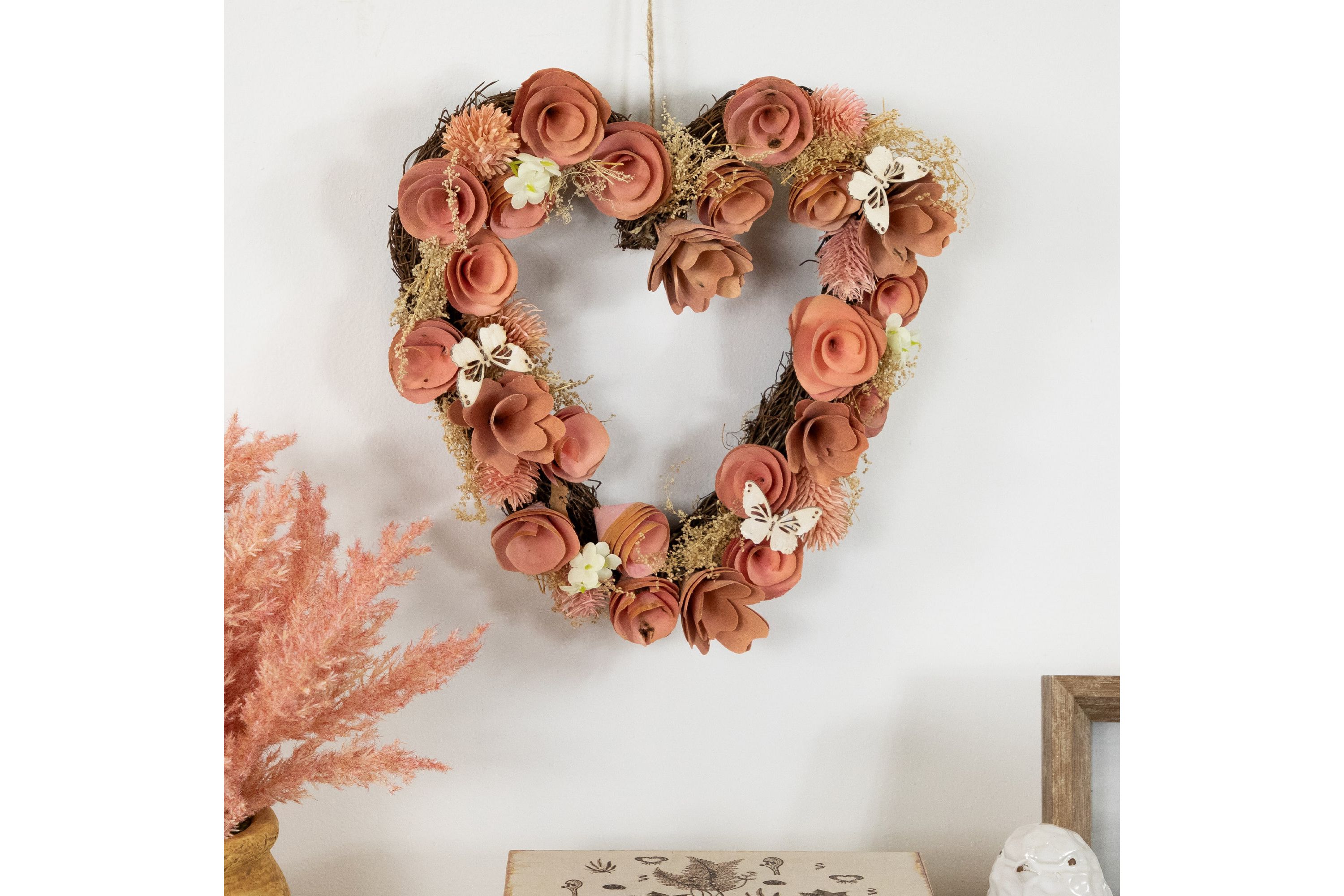 10" Pink Wooden Rose Heart Spring Wreath with Butterflies