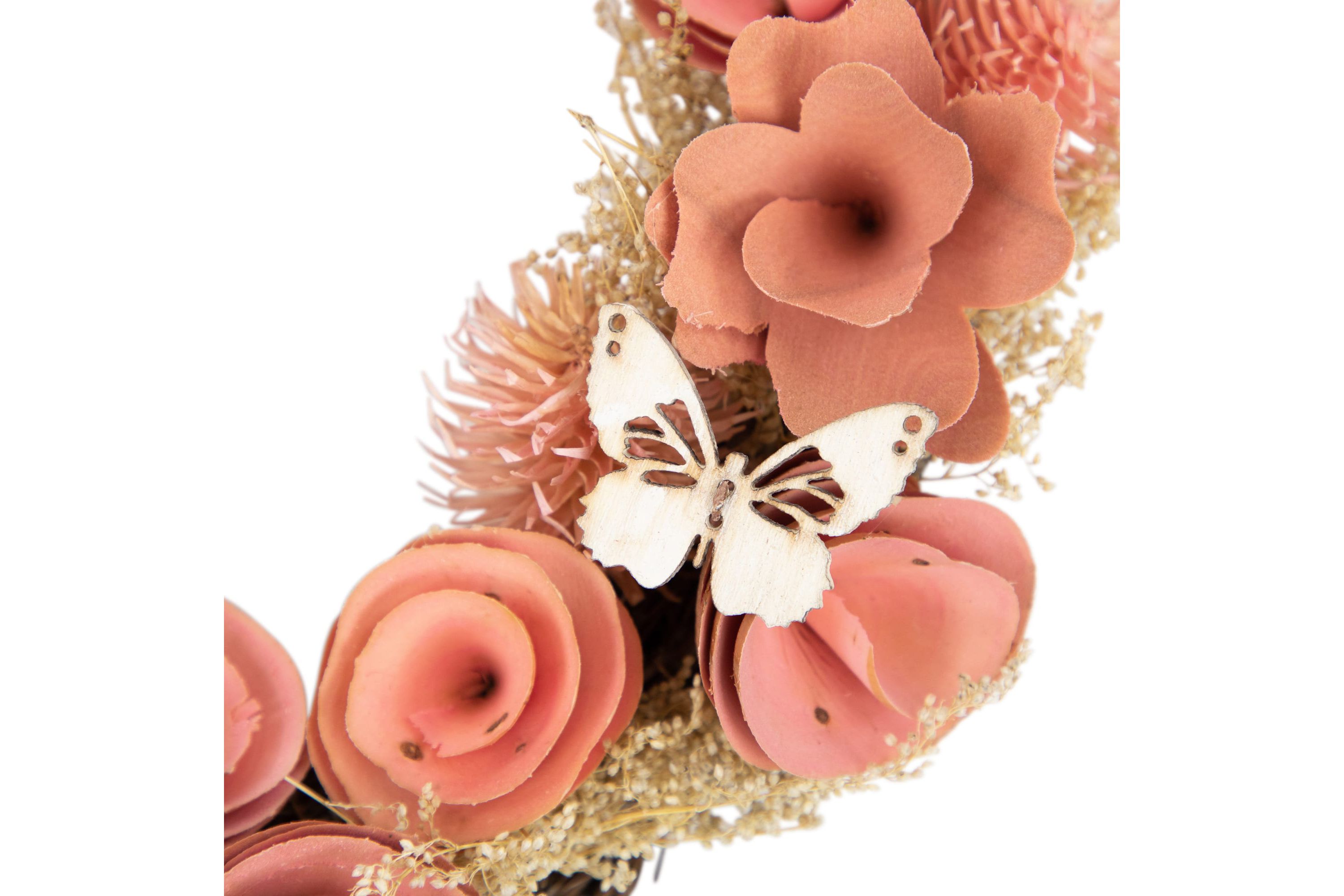 10" Pink Wooden Rose Heart Spring Wreath with Butterflies