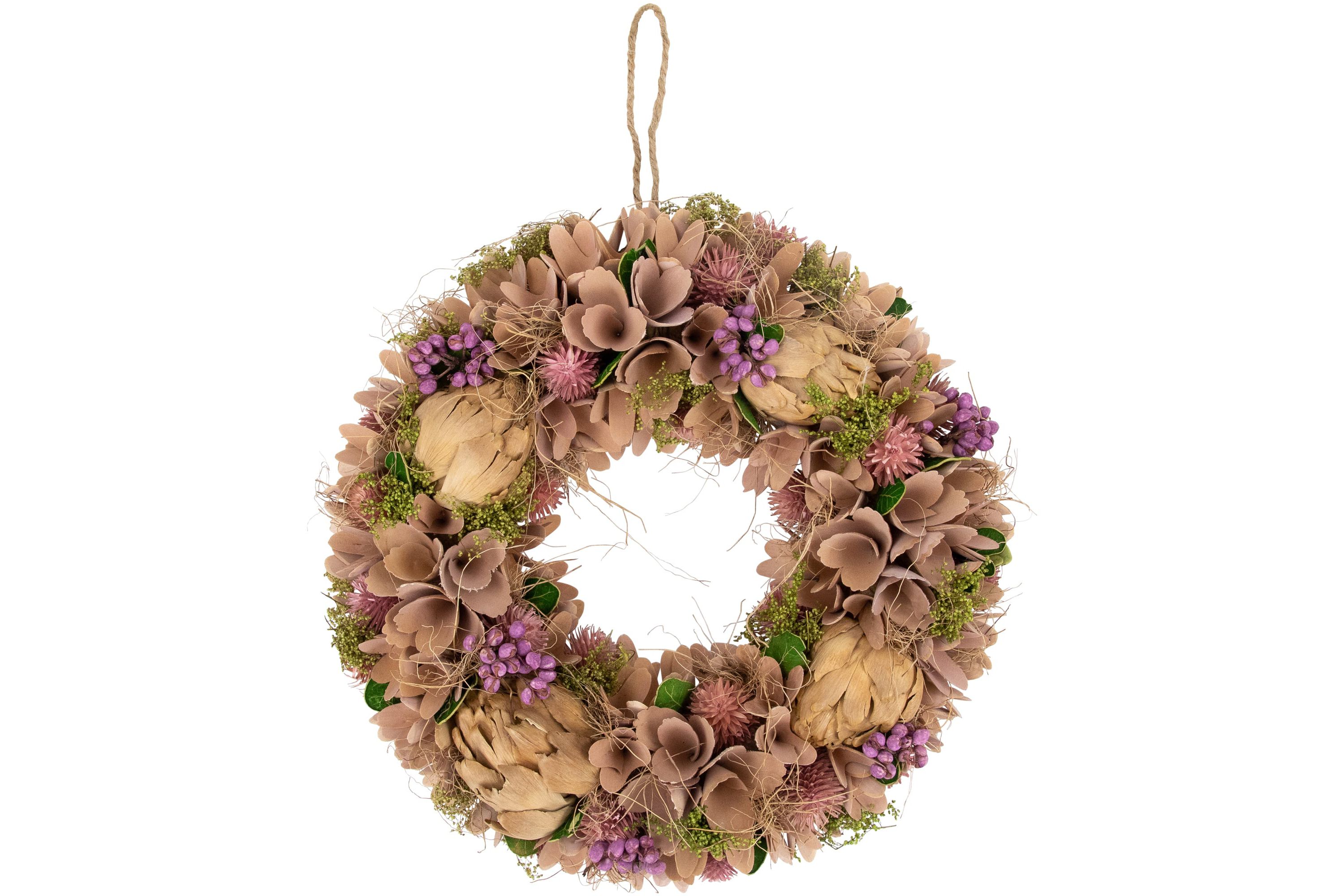 12" Purple and Beige Wooden Floral Spring Wreath with Preserved Artichoke