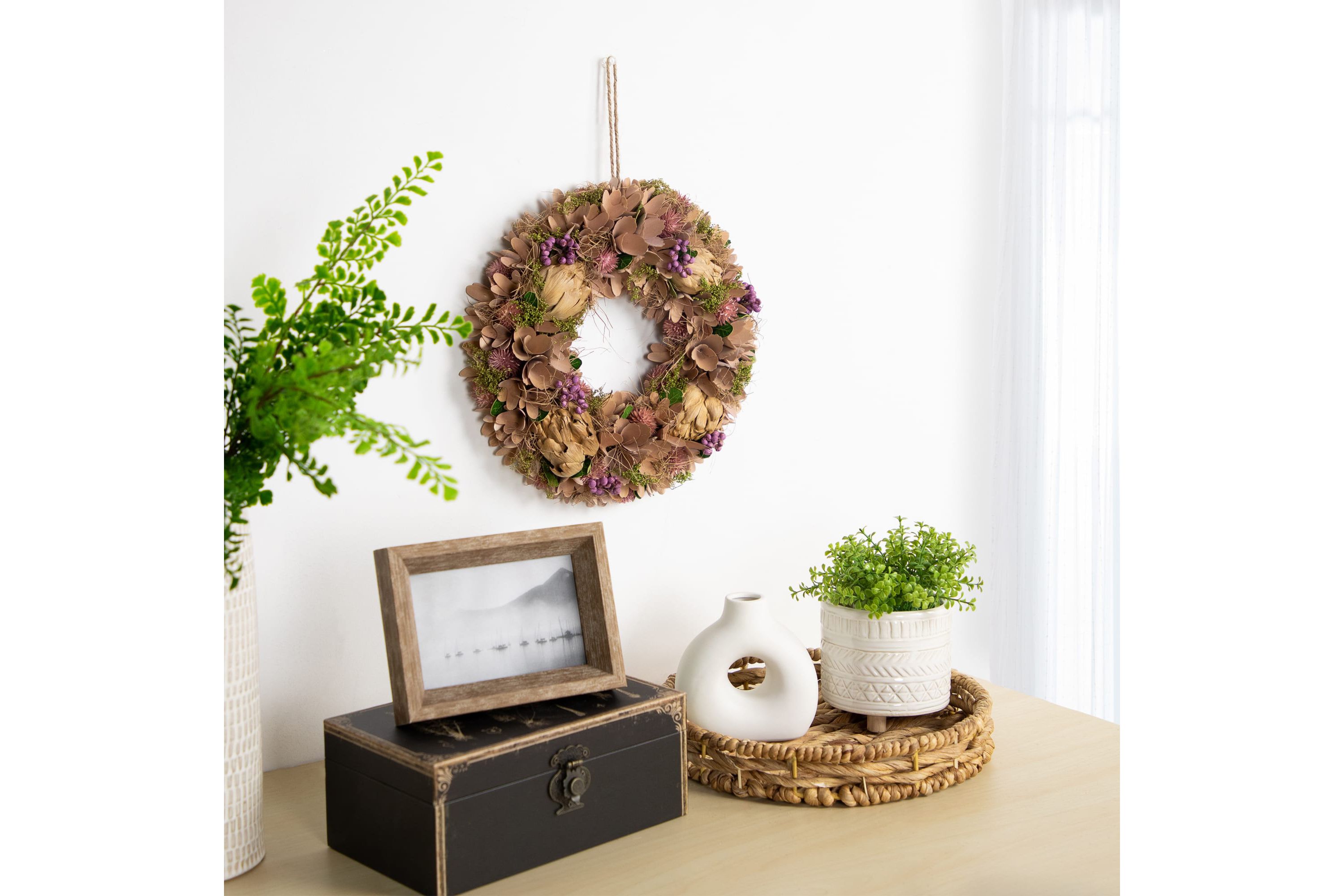 12" Purple and Beige Wooden Floral Spring Wreath with Preserved Artichoke