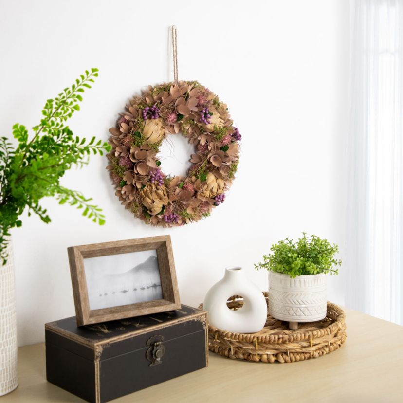 12" Purple and Beige Wooden Floral Spring Wreath with Preserved Artichoke