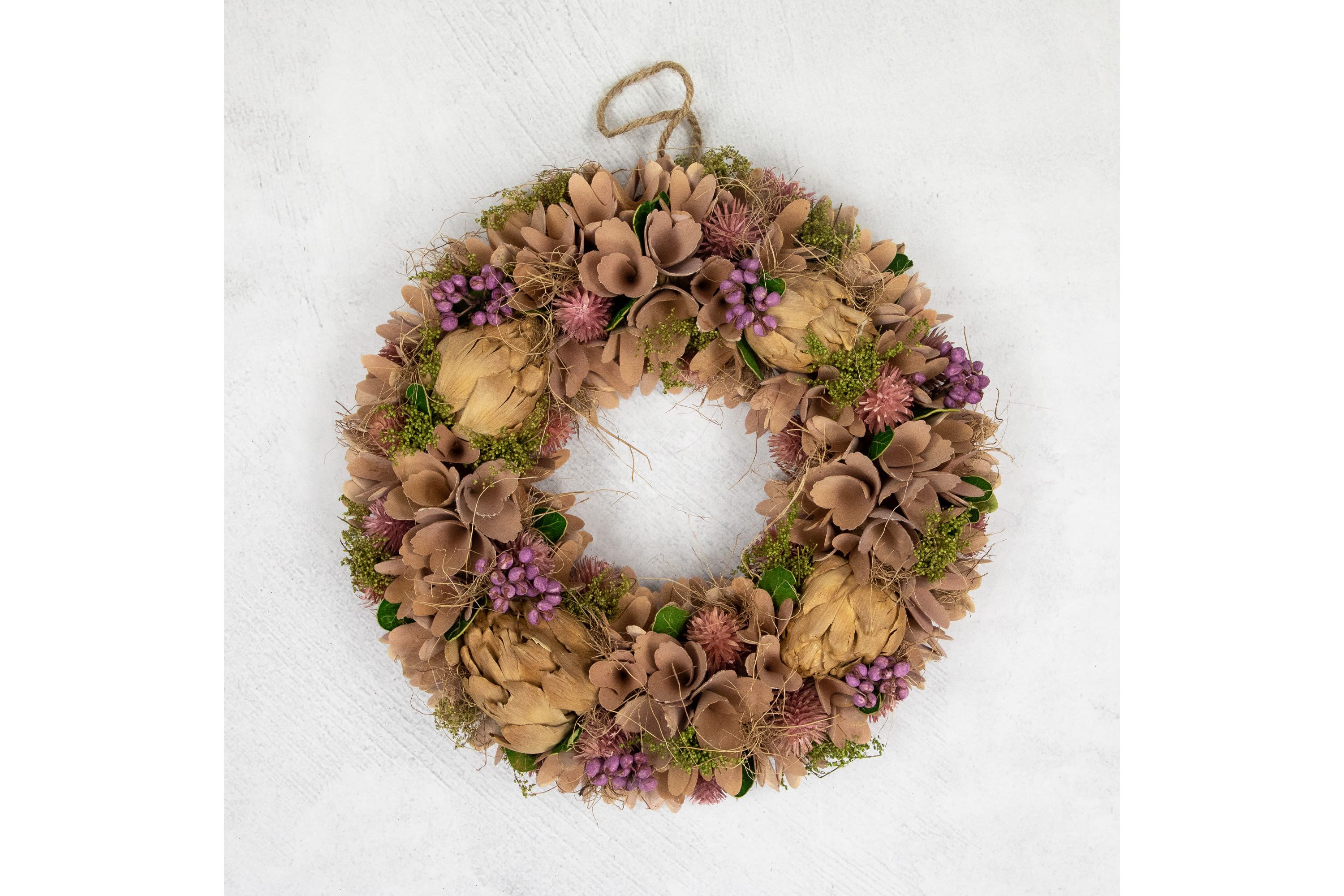 12" Purple and Beige Wooden Floral Spring Wreath with Preserved Artichoke