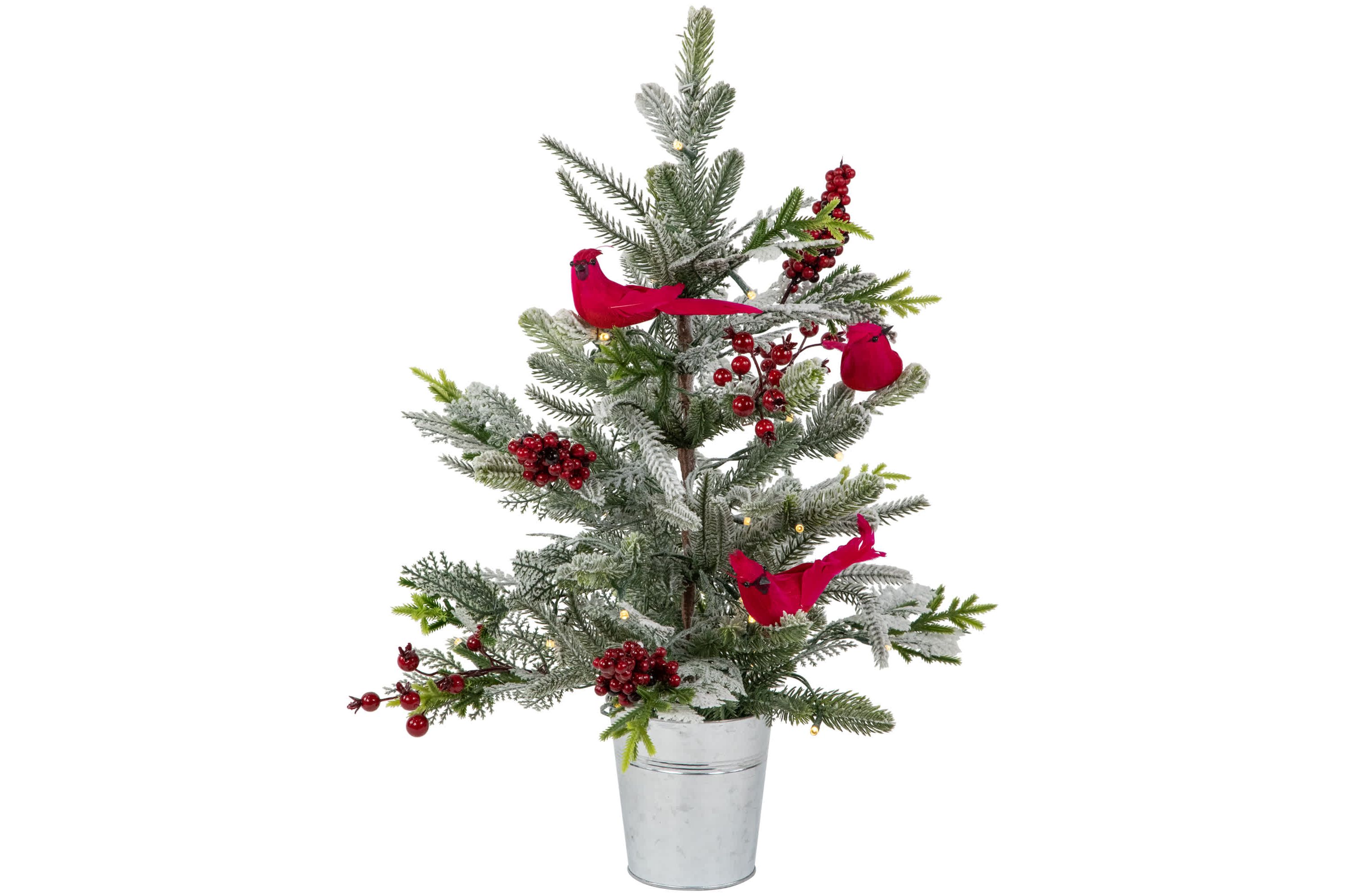 Pre-Lit LED Frosted Mixed Pine with Cardinals Potted Christmas Tree - 2 - Warm White Lights