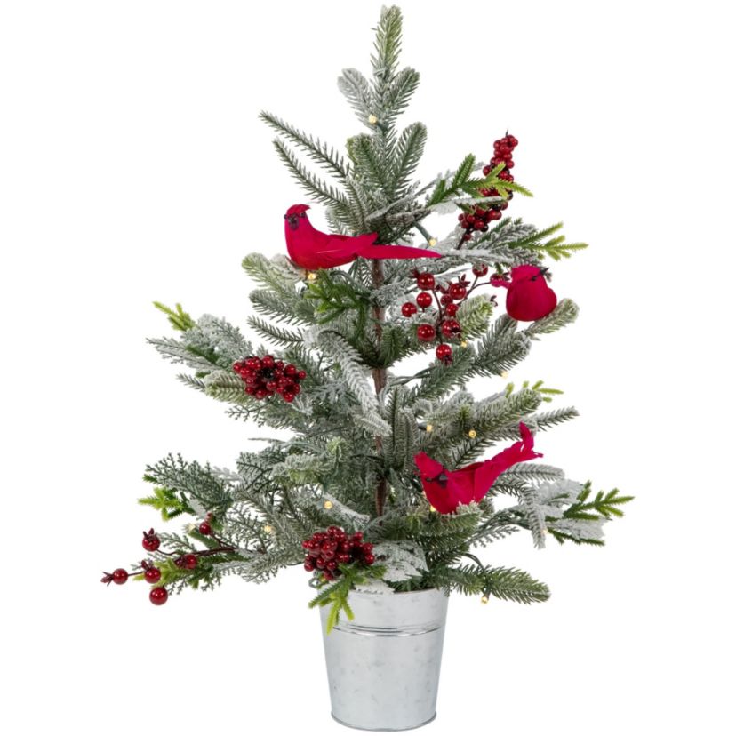 Pre-Lit LED Frosted Mixed Pine with Cardinals Potted Christmas Tree - 2 - Warm White Lights