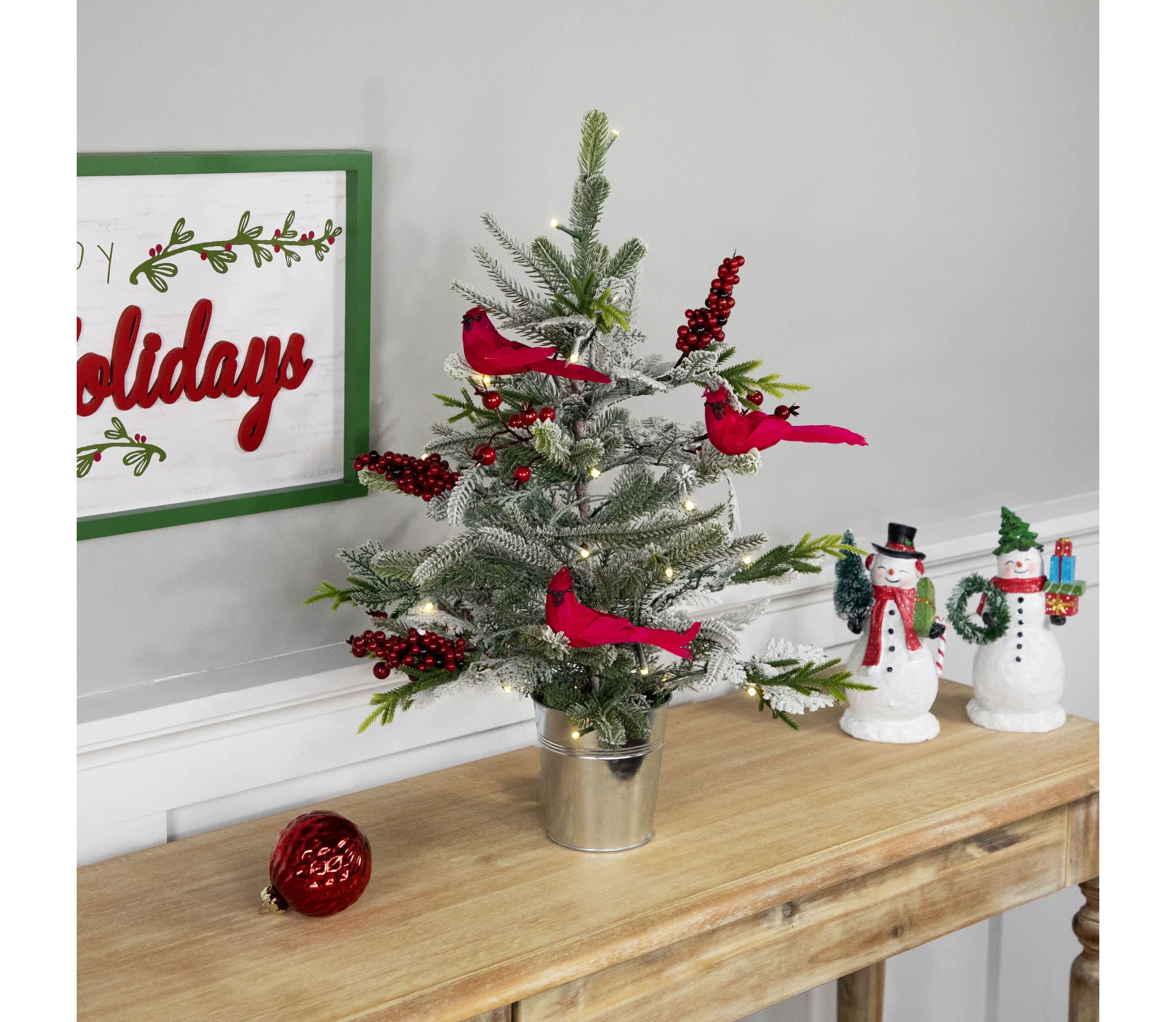 Pre-Lit LED Frosted Mixed Pine with Cardinals Potted Christmas Tree - 2 - Warm White Lights