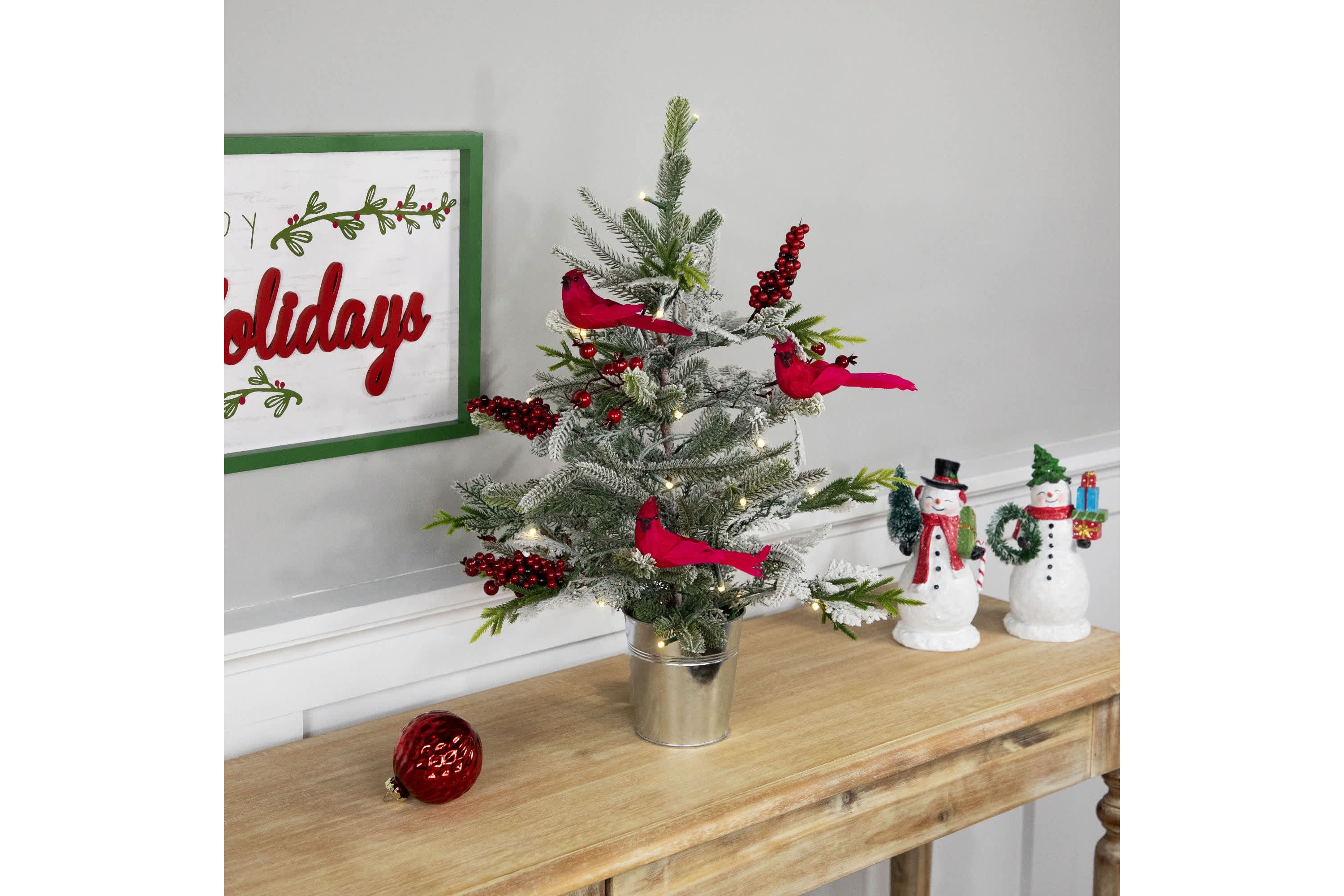 Pre-Lit LED Frosted Mixed Pine with Cardinals Potted Christmas Tree - 2 - Warm White Lights