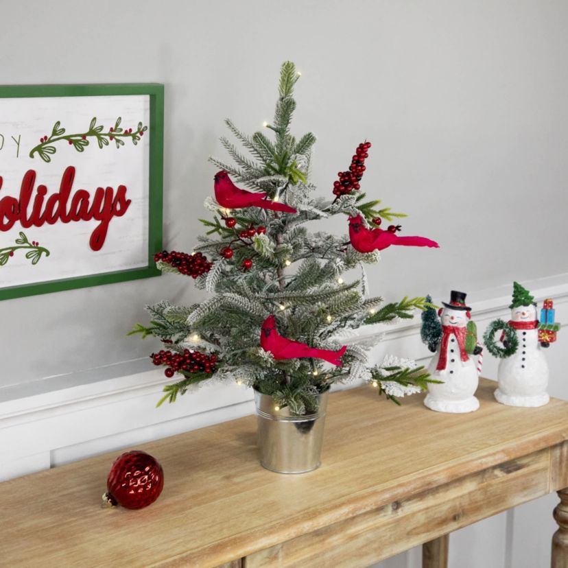 Pre-Lit LED Frosted Mixed Pine with Cardinals Potted Christmas Tree - 2 - Warm White Lights