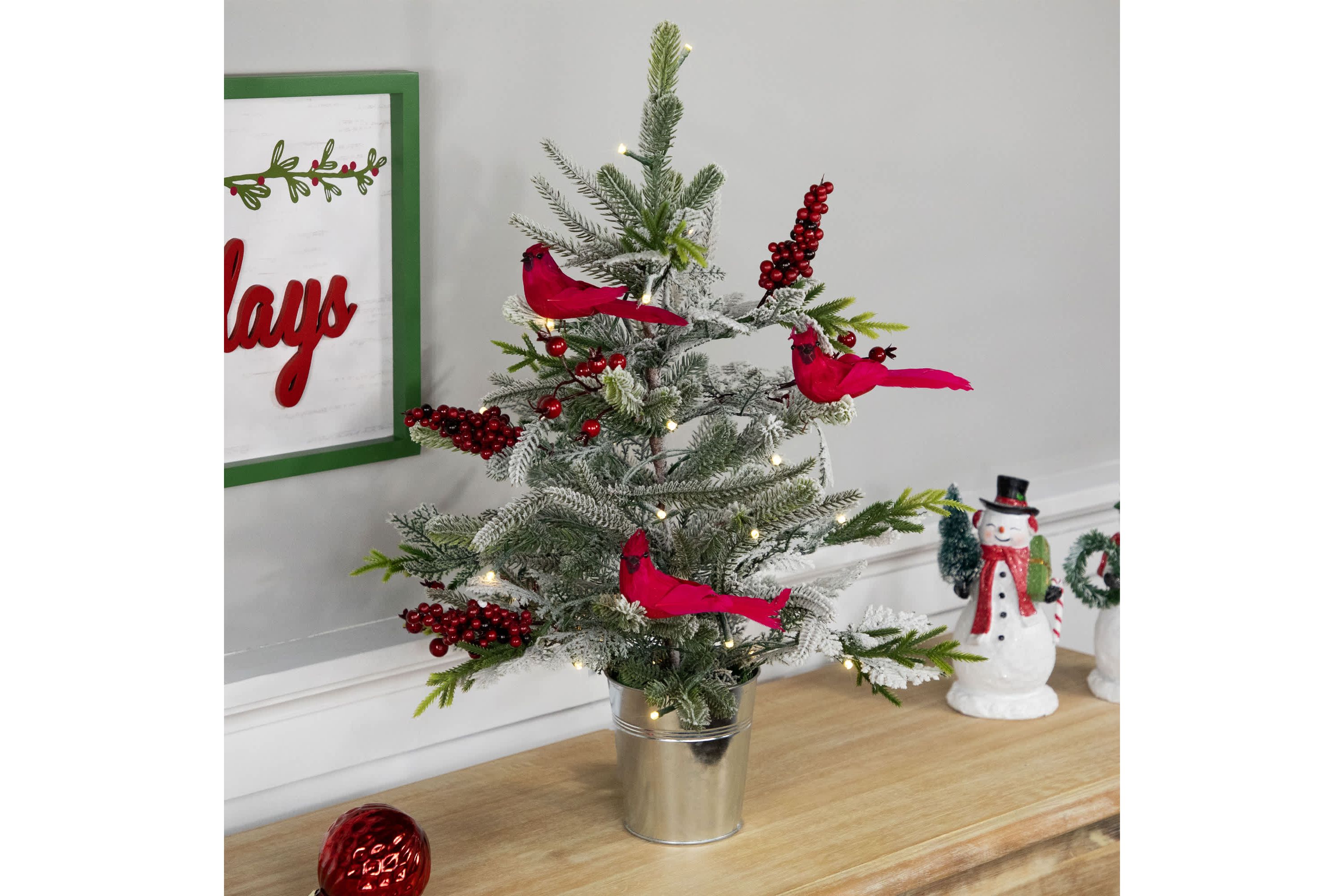Pre-Lit LED Frosted Mixed Pine with Cardinals Potted Christmas Tree - 2 - Warm White Lights