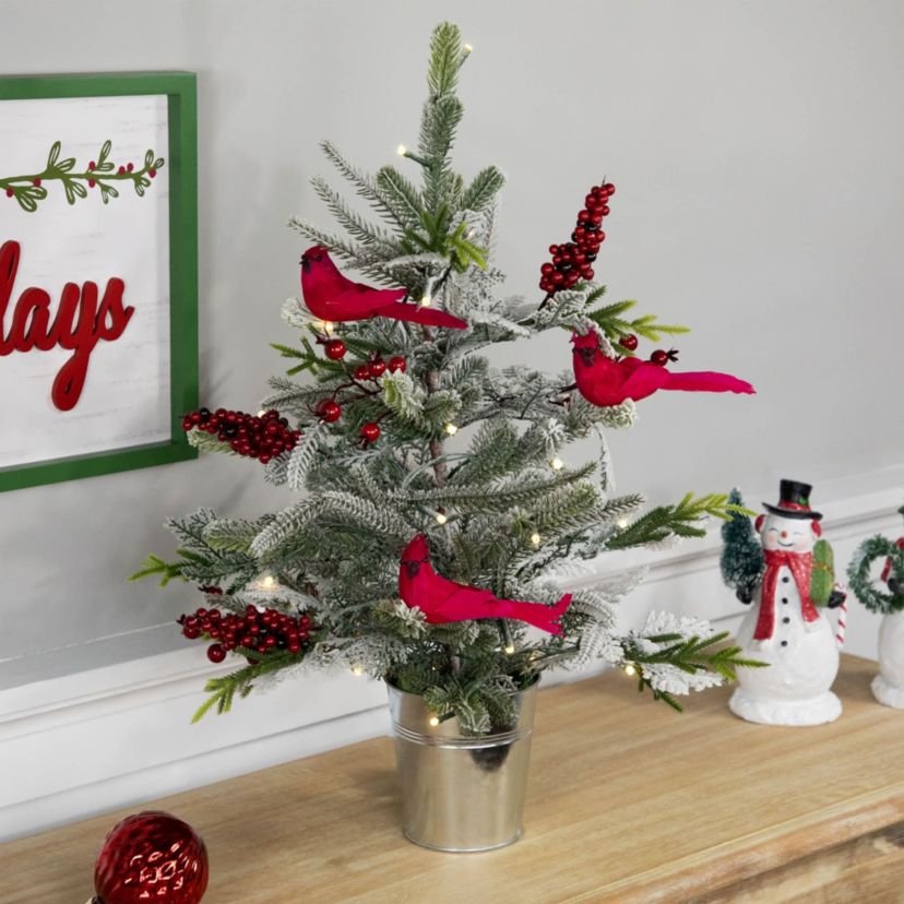 Pre-Lit LED Frosted Mixed Pine with Cardinals Potted Christmas Tree - 2 - Warm White Lights