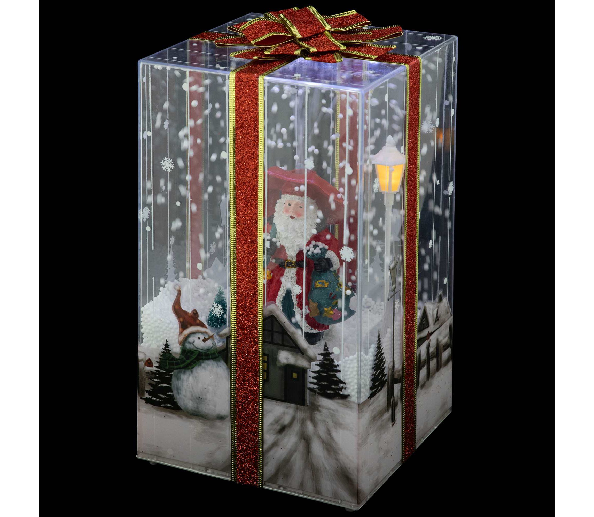 Musical Santa Lighted Snowing Gift Box with Ribbon Christmas Decoration - 12"