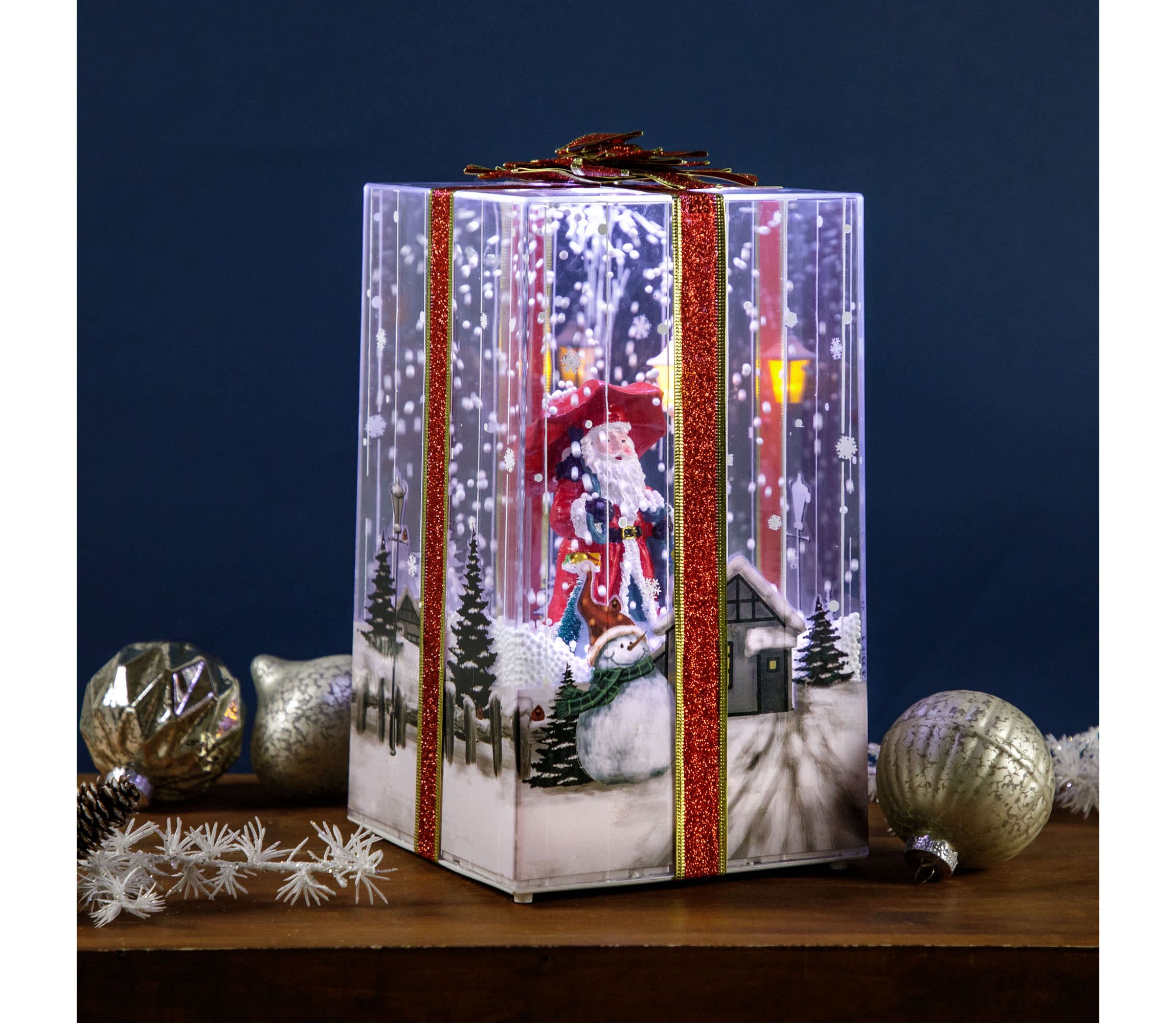 Musical Santa Lighted Snowing Gift Box with Ribbon Christmas Decoration - 12"