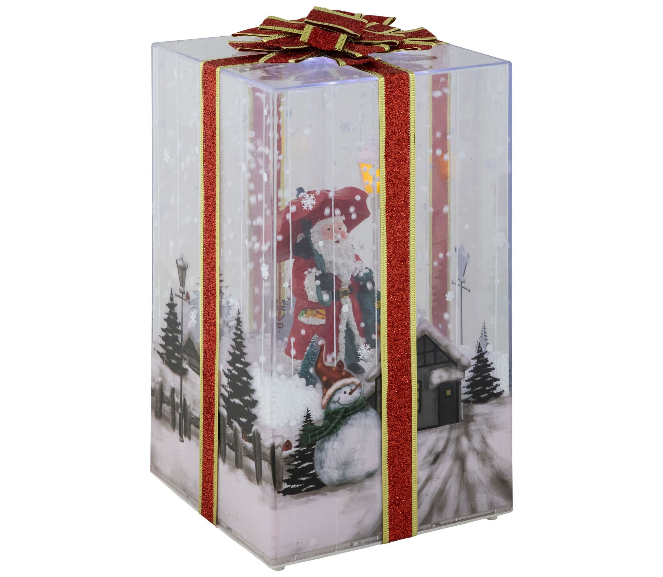 Musical Santa Lighted Snowing Gift Box with Ribbon Christmas Decoration - 12"