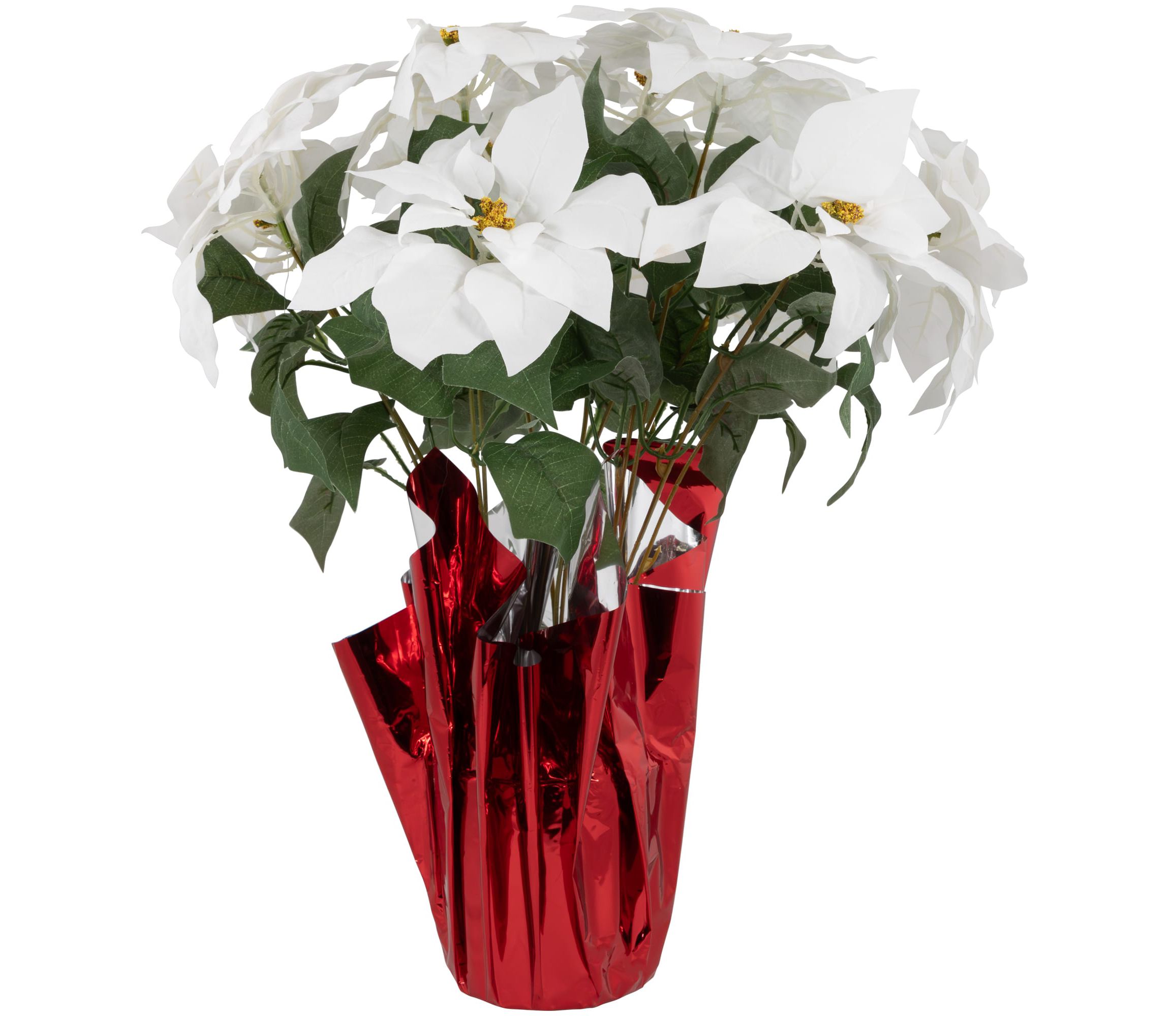 20" White Artificial Christmas Poinsettia with Red Wrapped Pot