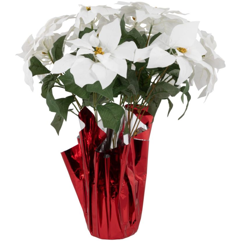 20" White Artificial Christmas Poinsettia with Red Wrapped Pot