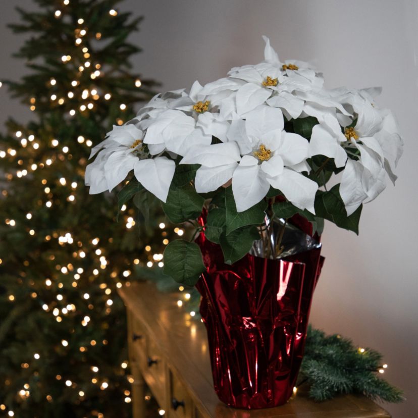 20" White Artificial Christmas Poinsettia with Red Wrapped Pot