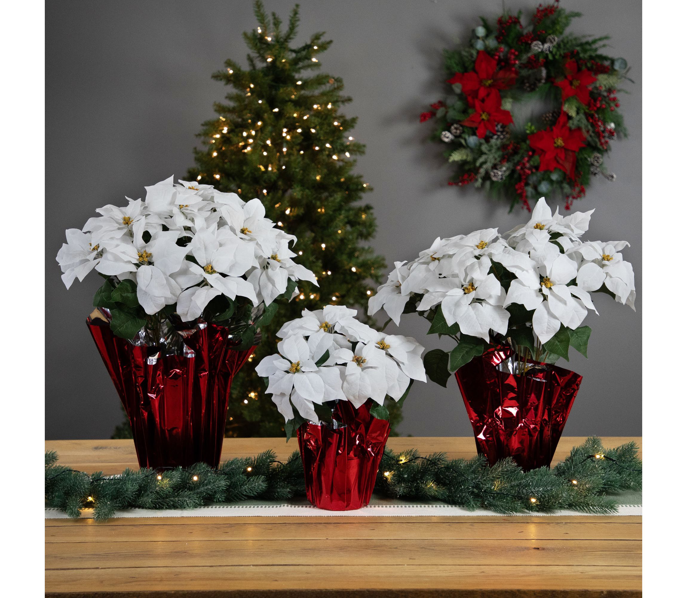 20" White Artificial Christmas Poinsettia with Red Wrapped Pot