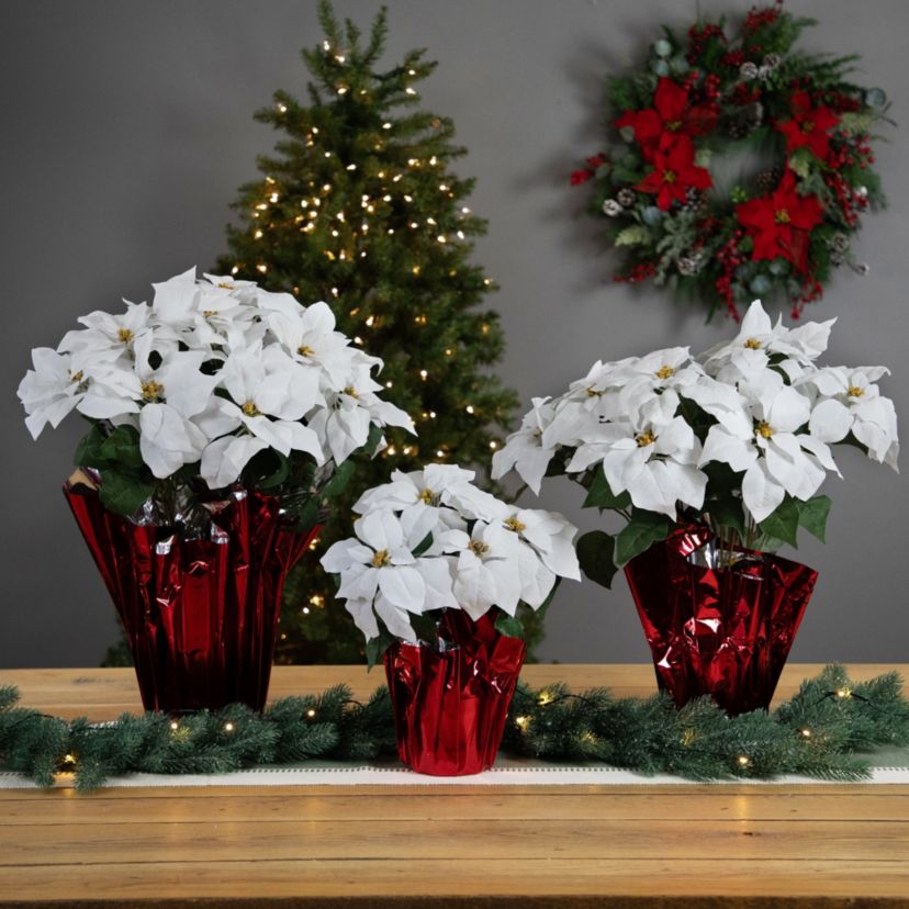 20" White Artificial Christmas Poinsettia with Red Wrapped Pot