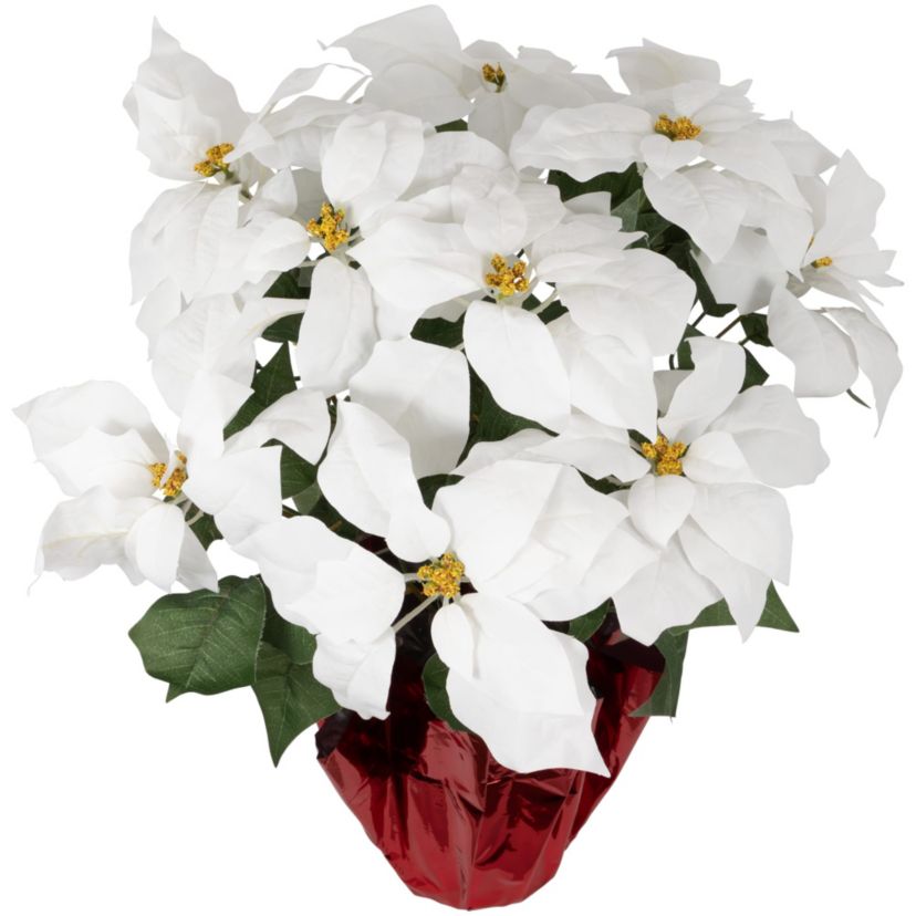 20" White Artificial Christmas Poinsettia with Red Wrapped Pot