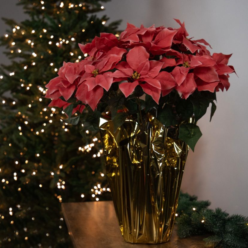 27.5" Dark Pink Artificial Christmas Poinsettia with Gold Wrapped Pot