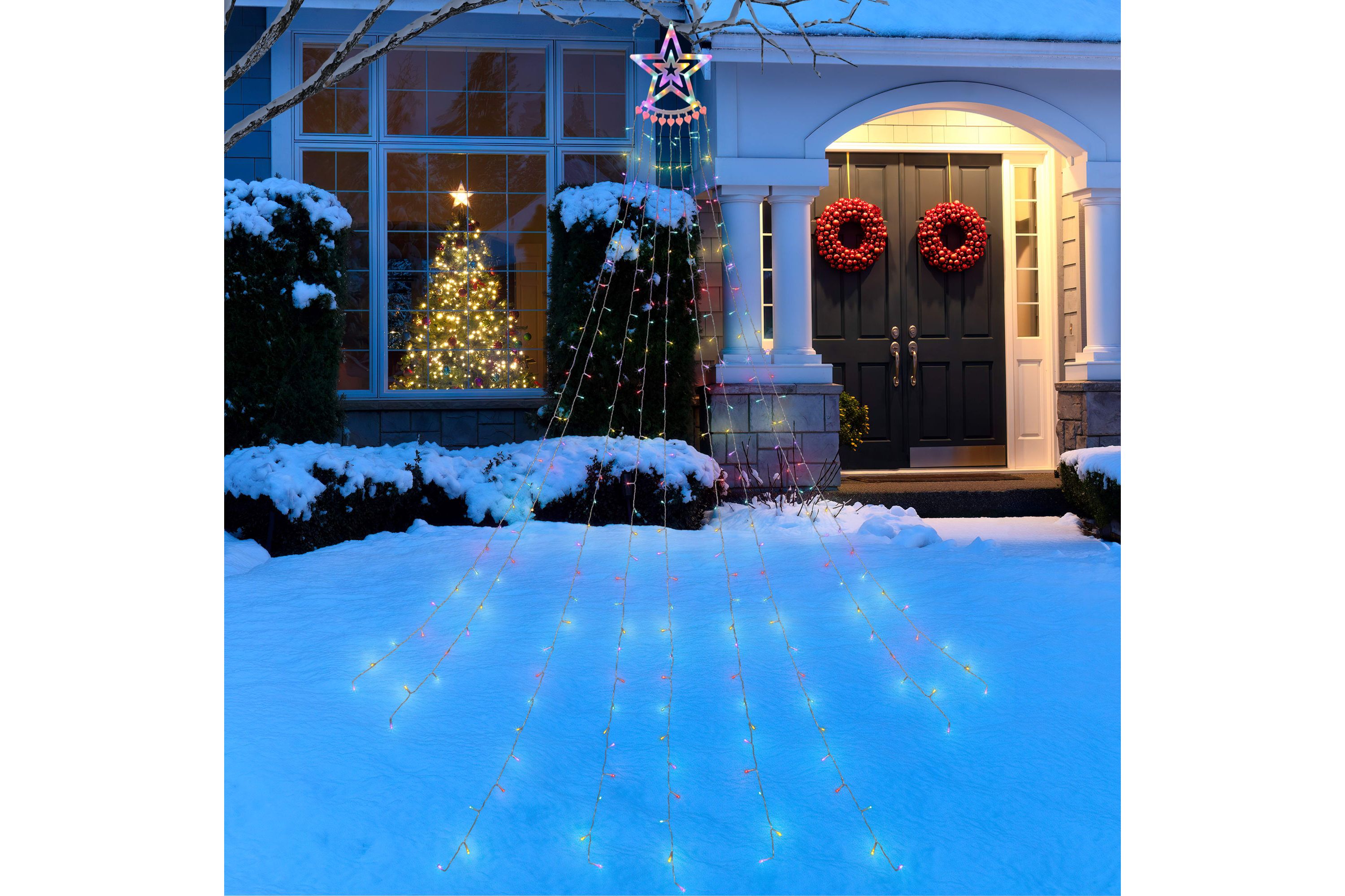 12.5ft Multicolor LED Waterfall Light Tree and Tree Topper Outdoor Christmas Decoration