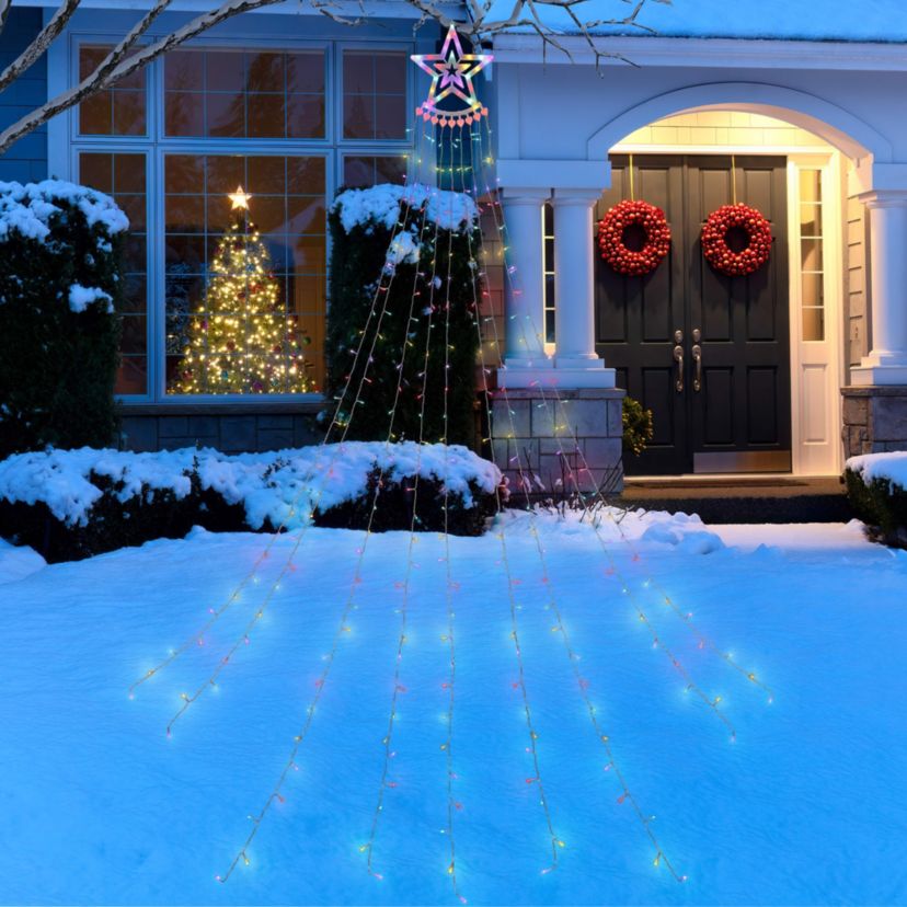 12.5ft Multicolor LED Waterfall Light Tree and Tree Topper Outdoor Christmas Decoration