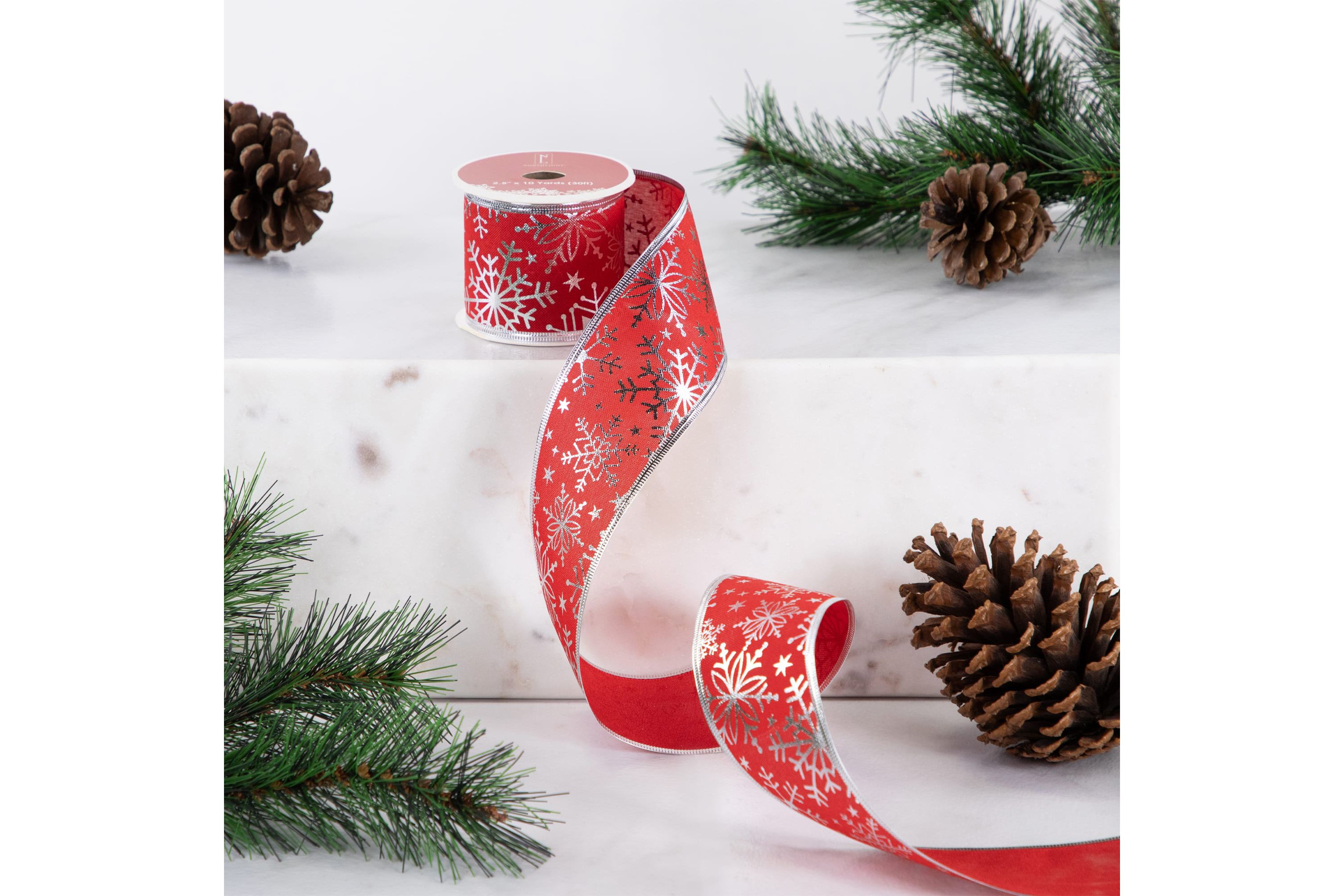 Shimmering Red with Silver Snowflakes Wired Craft Christmas Ribbon 2.5" x 10 Yards