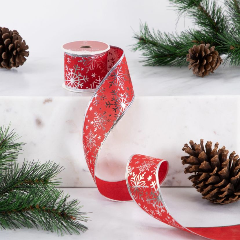 Shimmering Red with Silver Snowflakes Wired Craft Christmas Ribbon 2.5" x 10 Yards