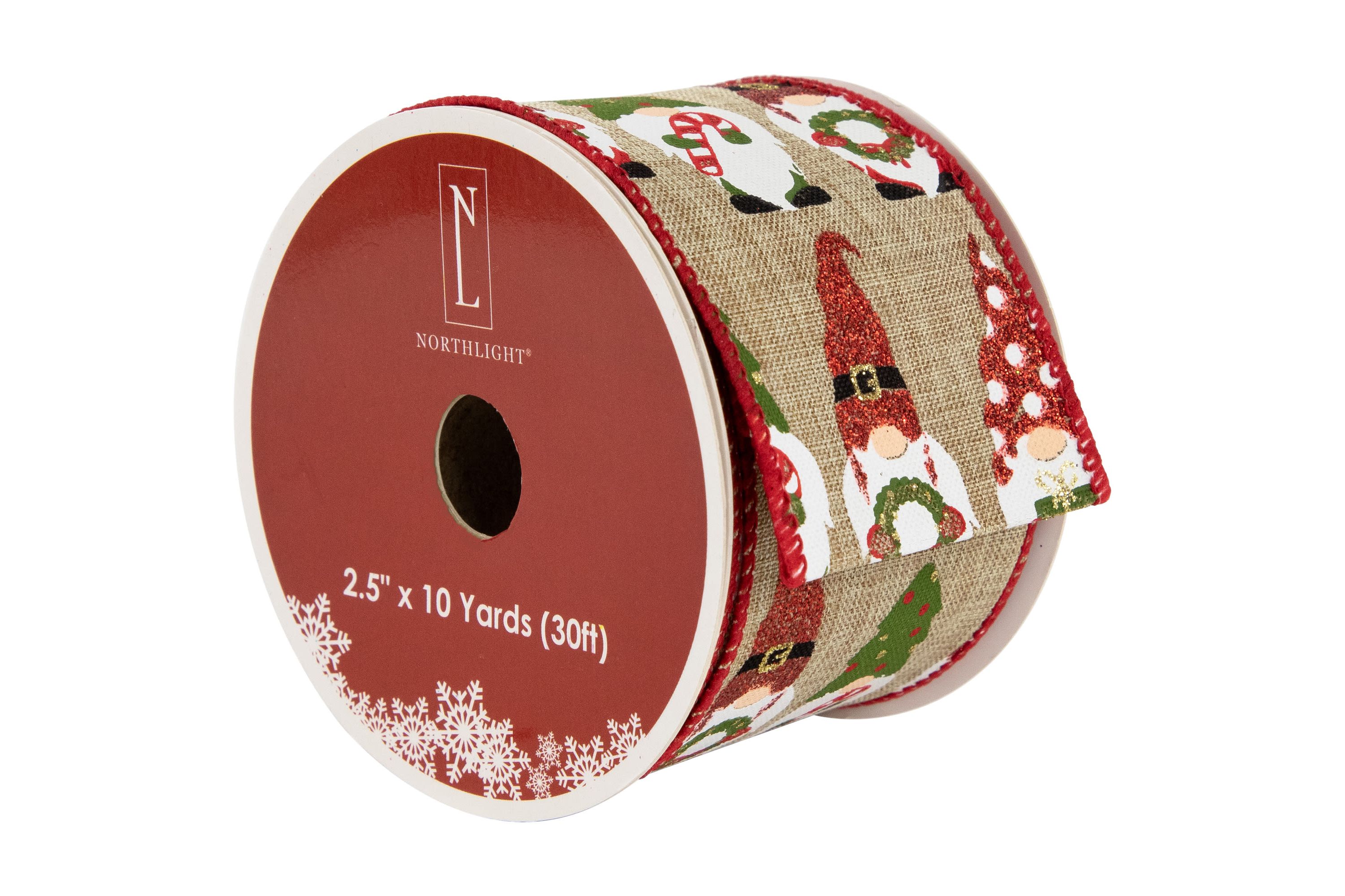 Gnome Burlap Style Wired Craft Christmas Ribbon 2.5" x 10 Yards