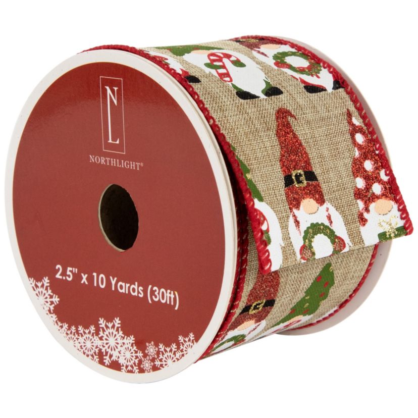 Gnome Burlap Style Wired Craft Christmas Ribbon 2.5" x 10 Yards