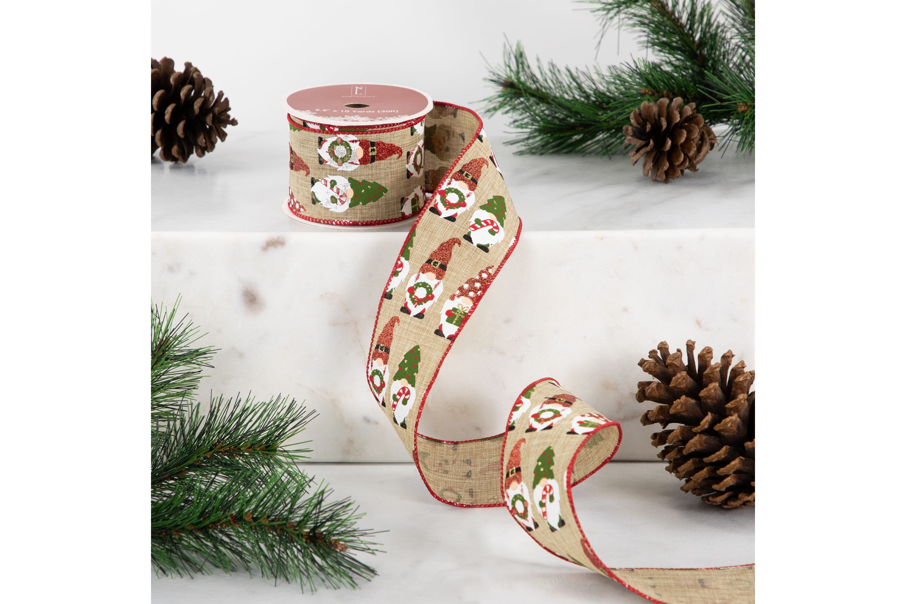 Gnome Burlap Style Wired Craft Christmas Ribbon 2.5" x 10 Yards