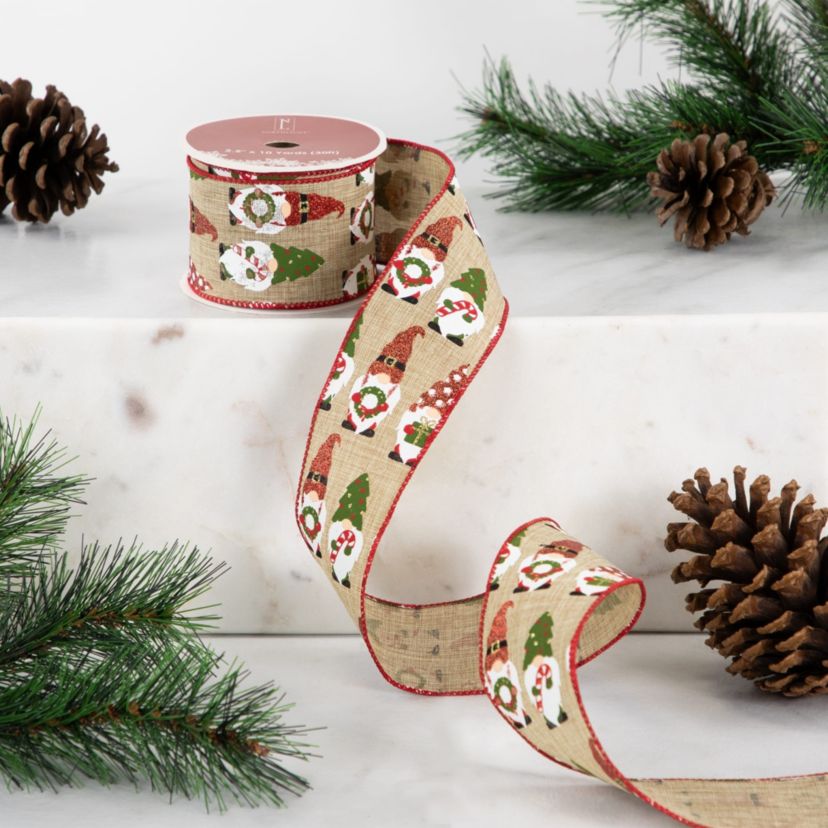 Gnome Burlap Style Wired Craft Christmas Ribbon 2.5" x 10 Yards