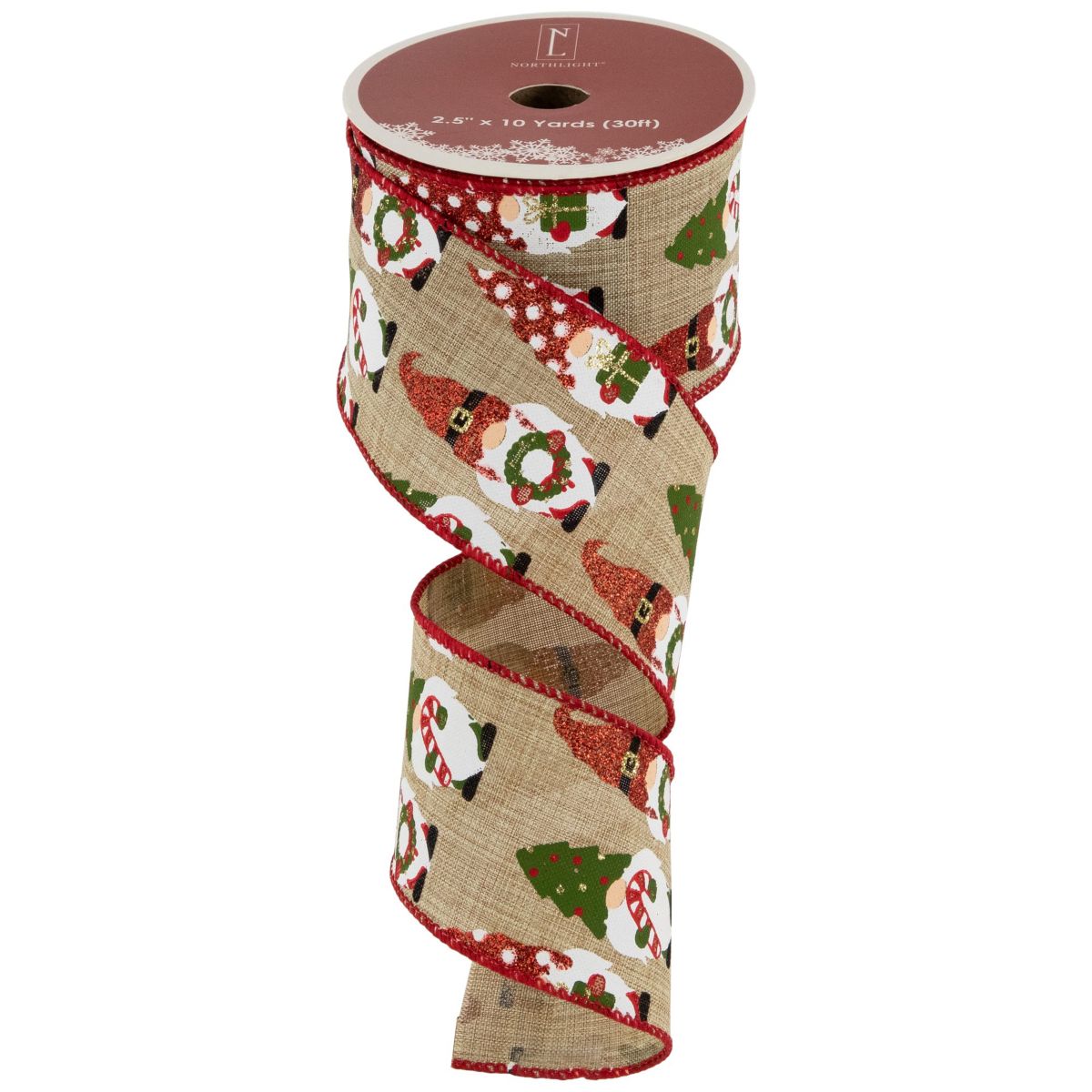 Gnome Burlap Style Wired Craft Christmas Ribbon 2.5" x 10 Yards