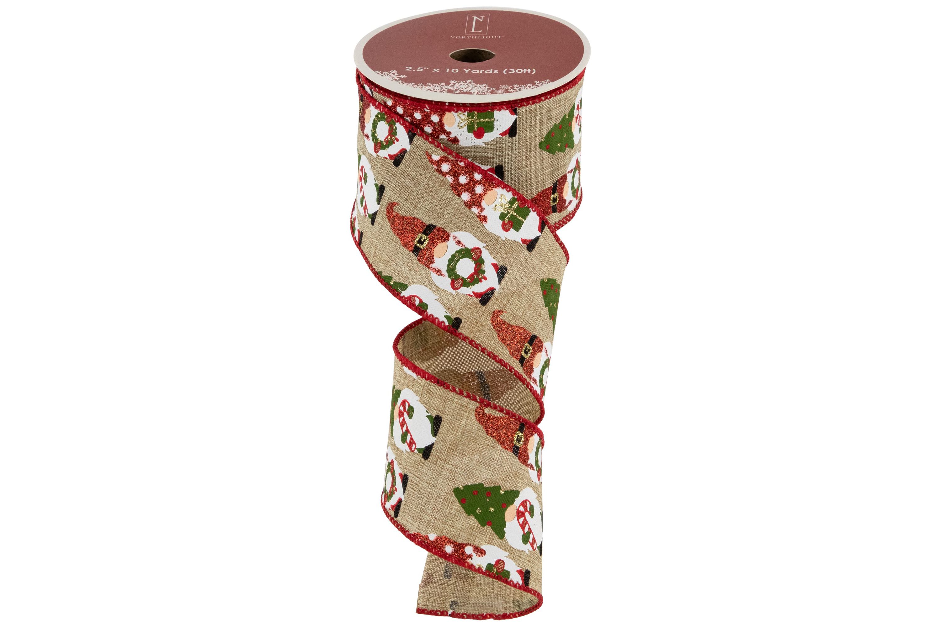 Gnome Burlap Style Wired Craft Christmas Ribbon 2.5" x 10 Yards