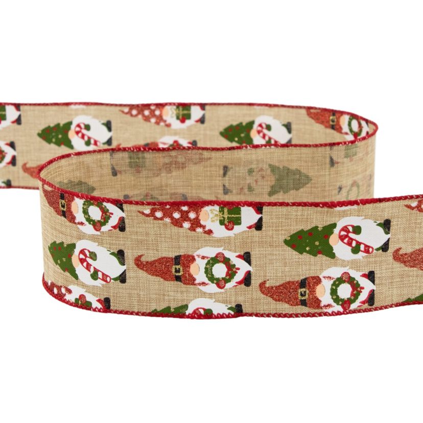 Gnome Burlap Style Wired Craft Christmas Ribbon 2.5" x 10 Yards